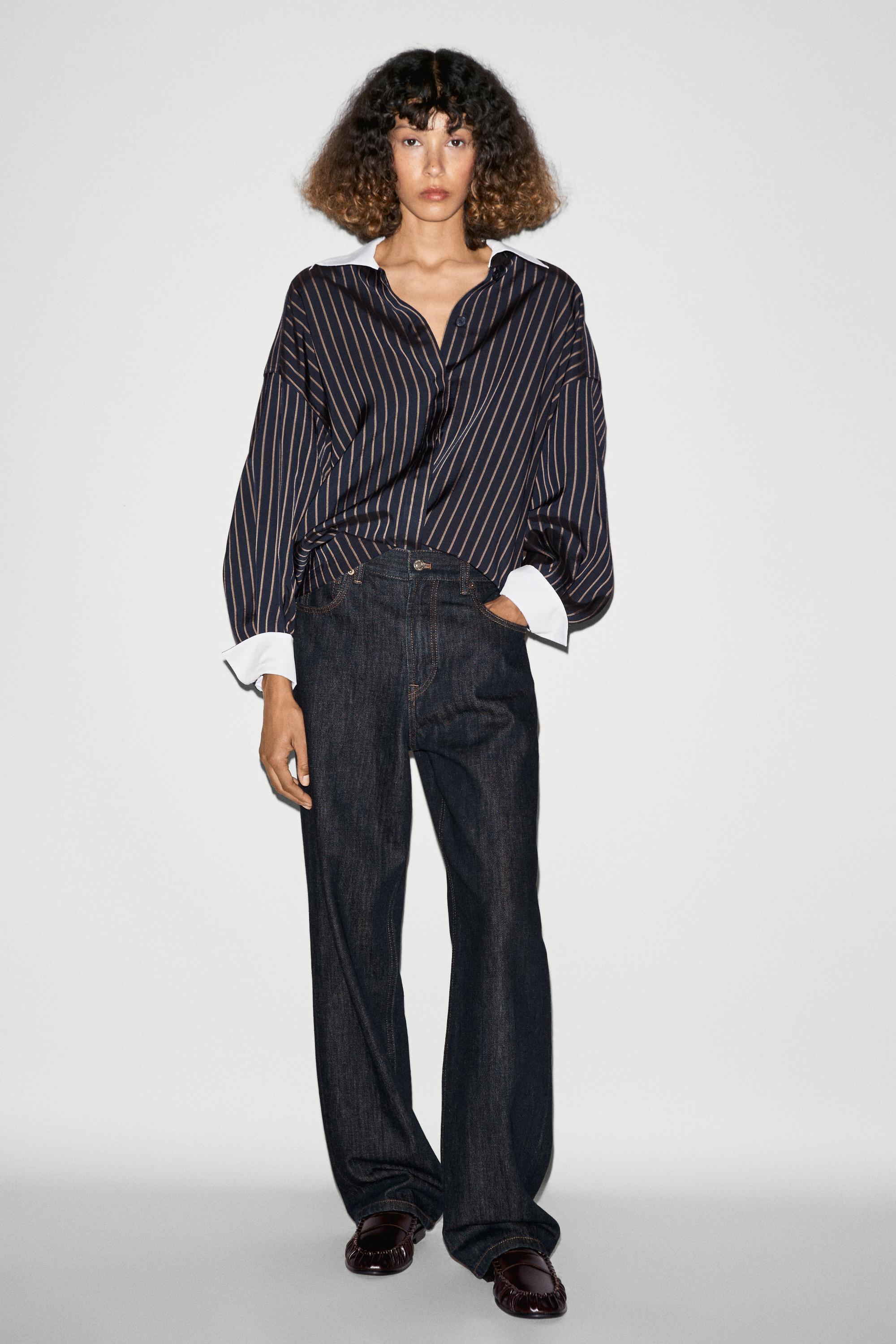 Striped contrast collar shirt — NAVY BLUE