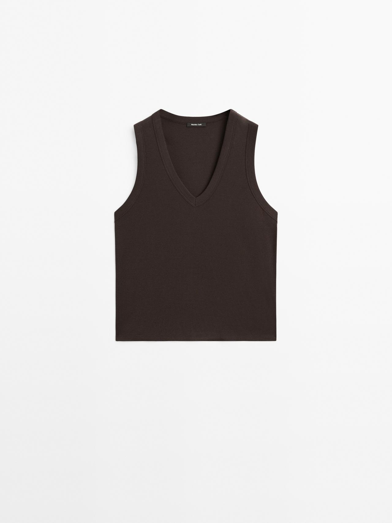 Massimo Dutti - Dame - Top Med V-Udskæring I 100% Merceriseret Bomuld - Brun - Xs