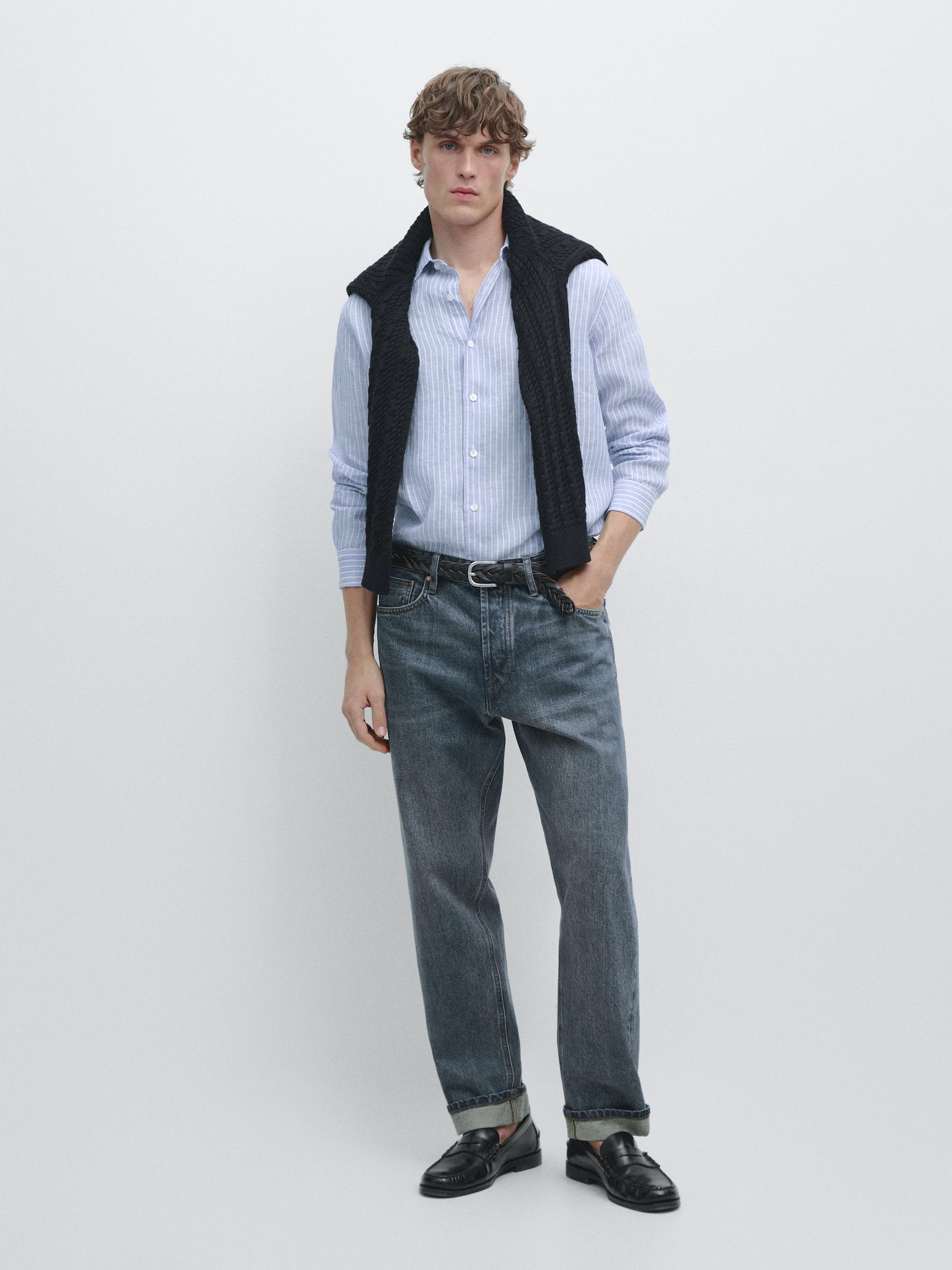 Chemise En Lin À Rayures Regular Fit - Bleu Clair - Xxl - Massimo Dutti - Homme