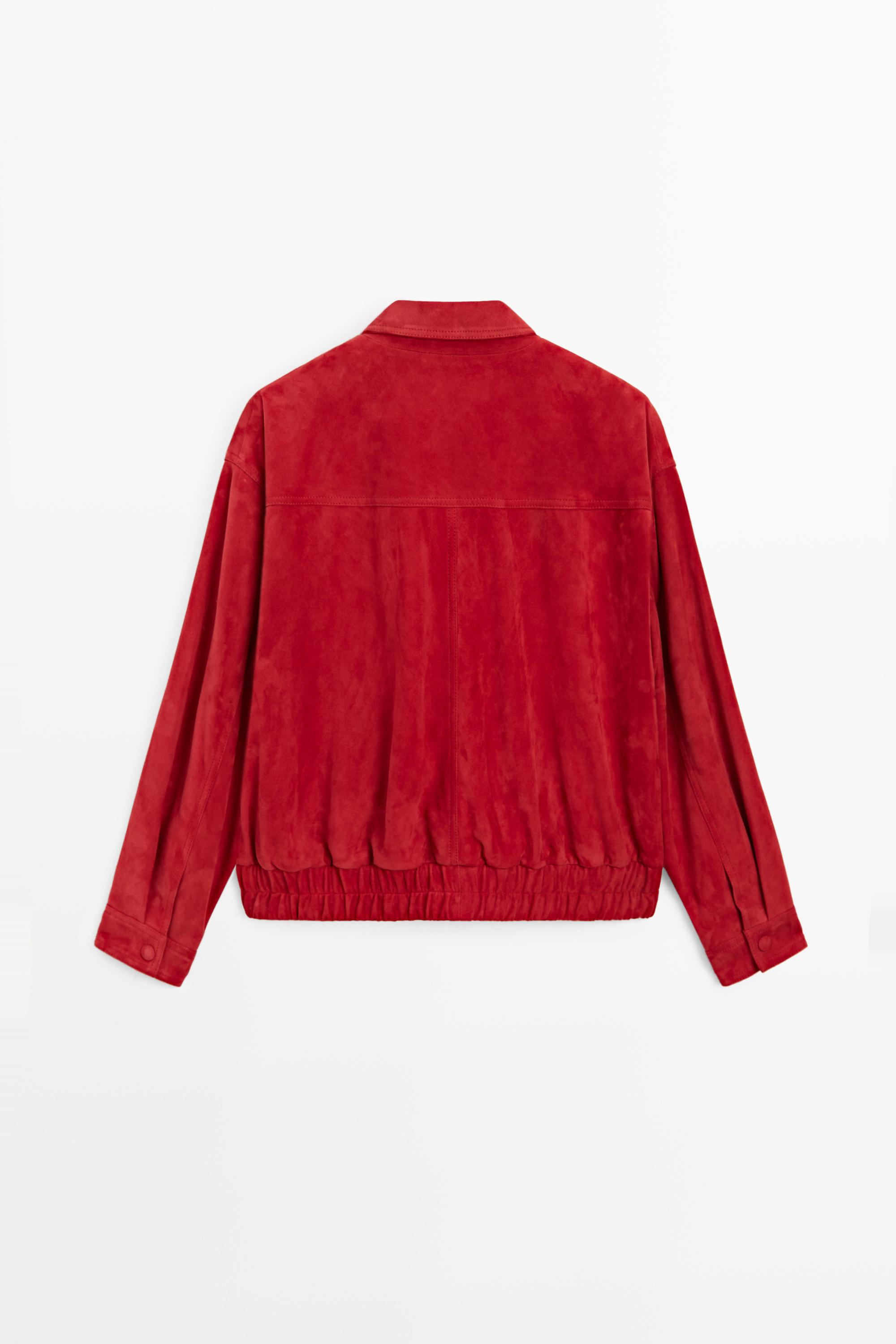 Suede leather bomber jacket with pocket details — RED