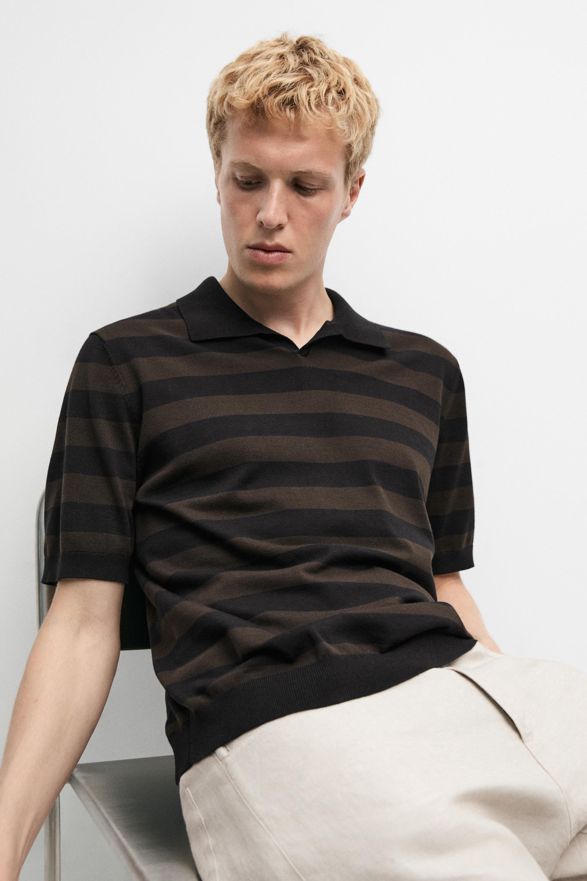 100% cotton striped knit polo shirt — BROWN MARL