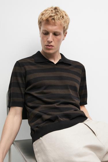 100% cotton striped knit polo shirt — BROWN MARL 7
