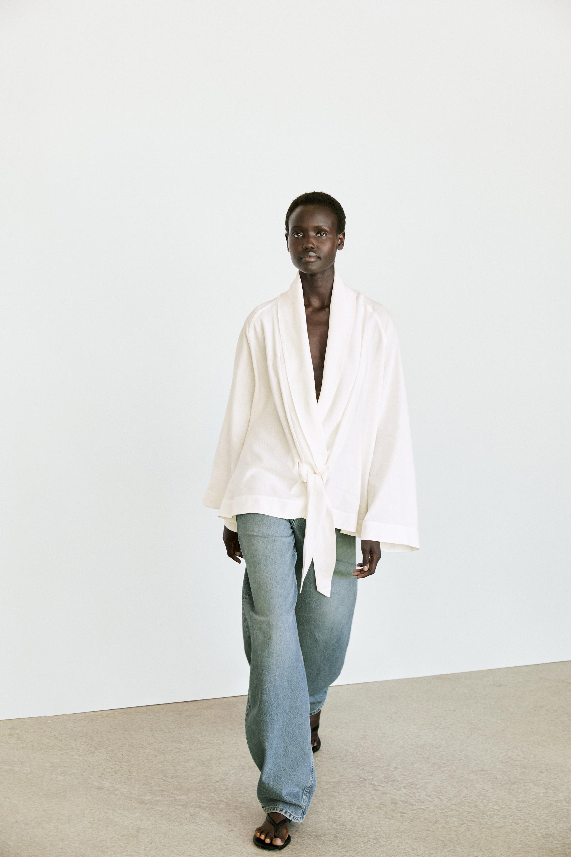 Flowing linen-blend shirt with tie detail — WHITE
