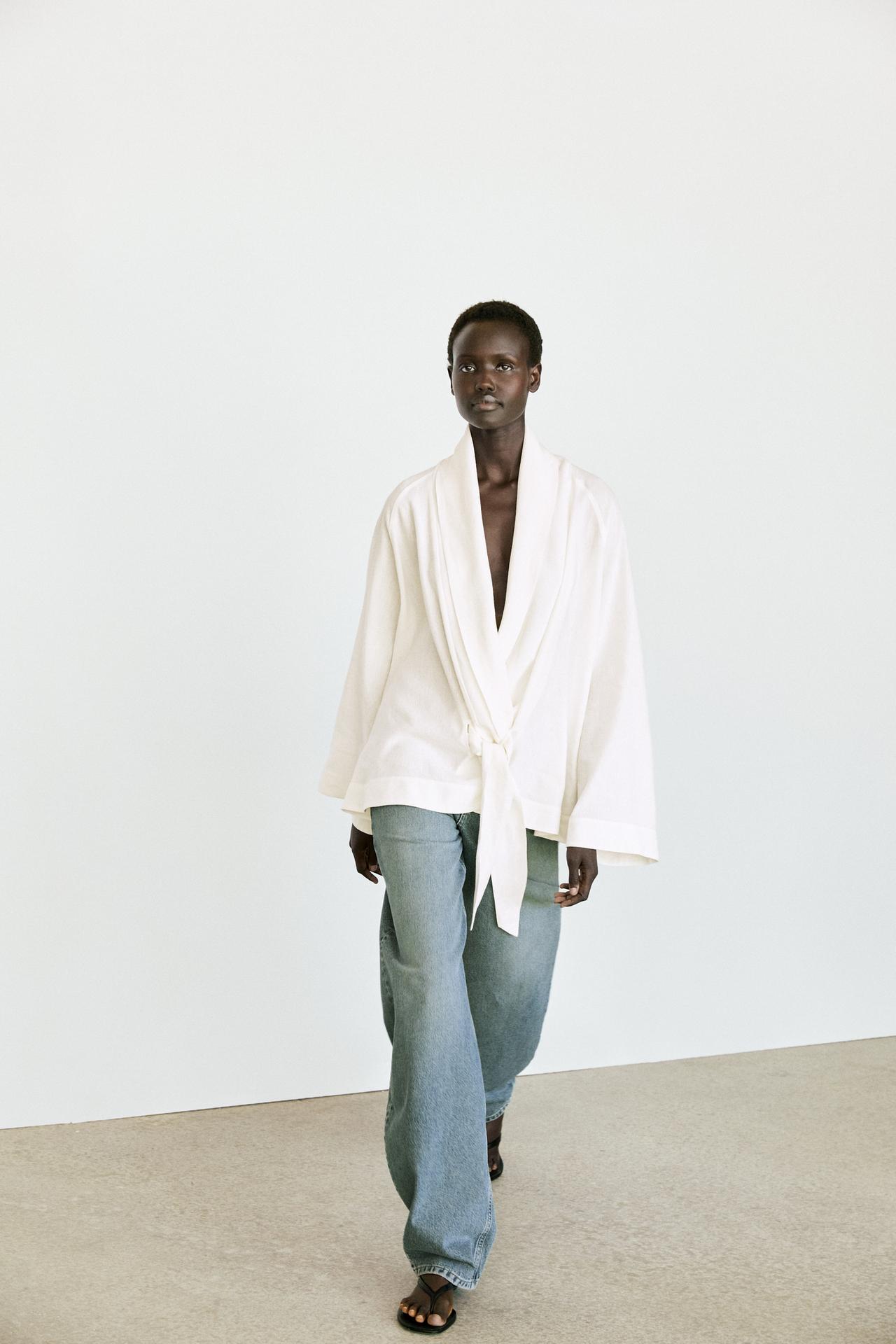 Flowing linen-blend shirt with tie detail — WHITE