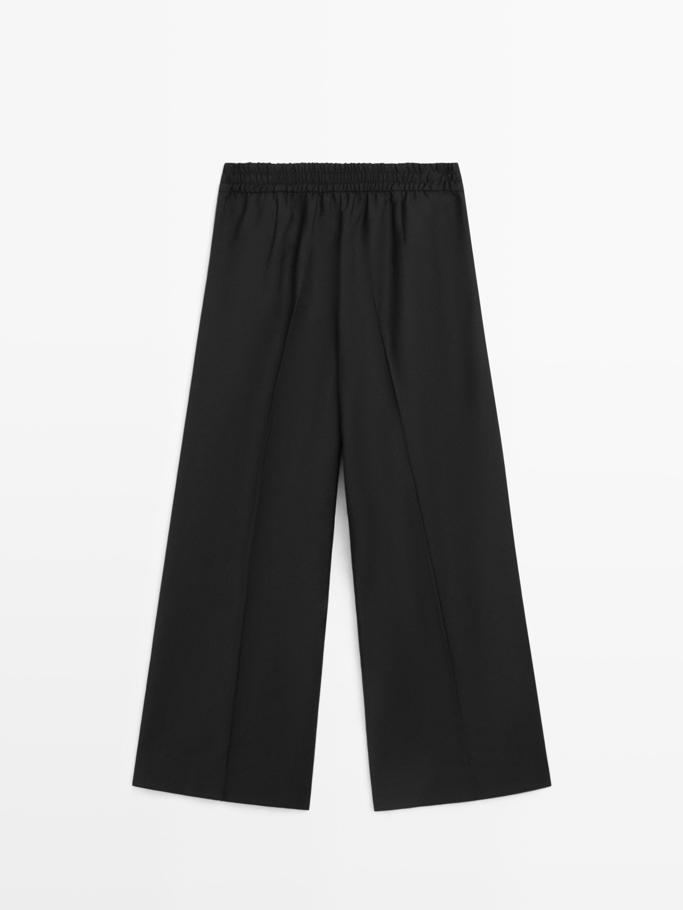 Wide-leg cropped stretch wool trousers — BLACK