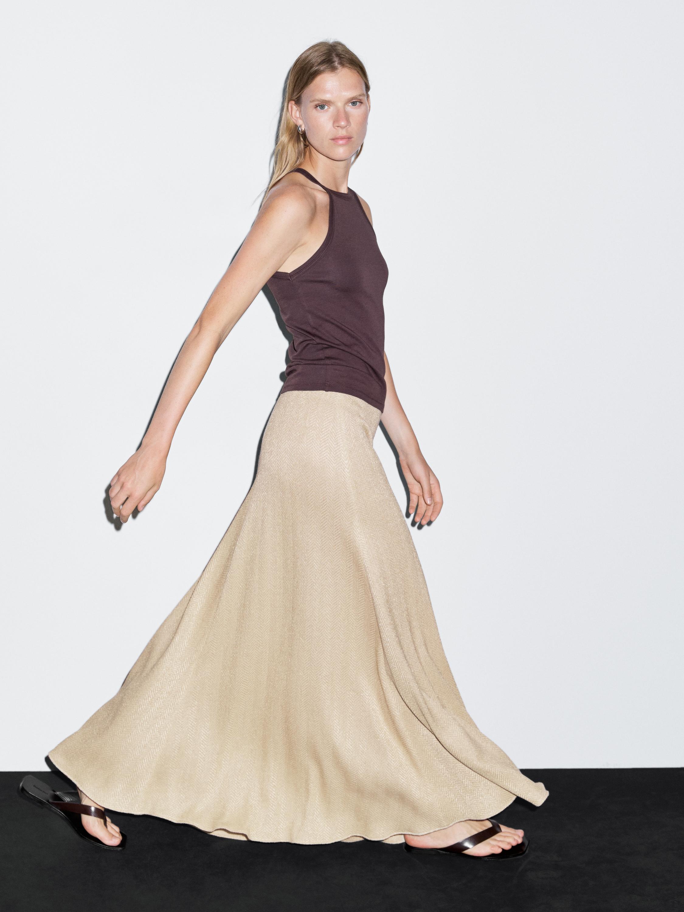Long herringbone cotton blend skirt