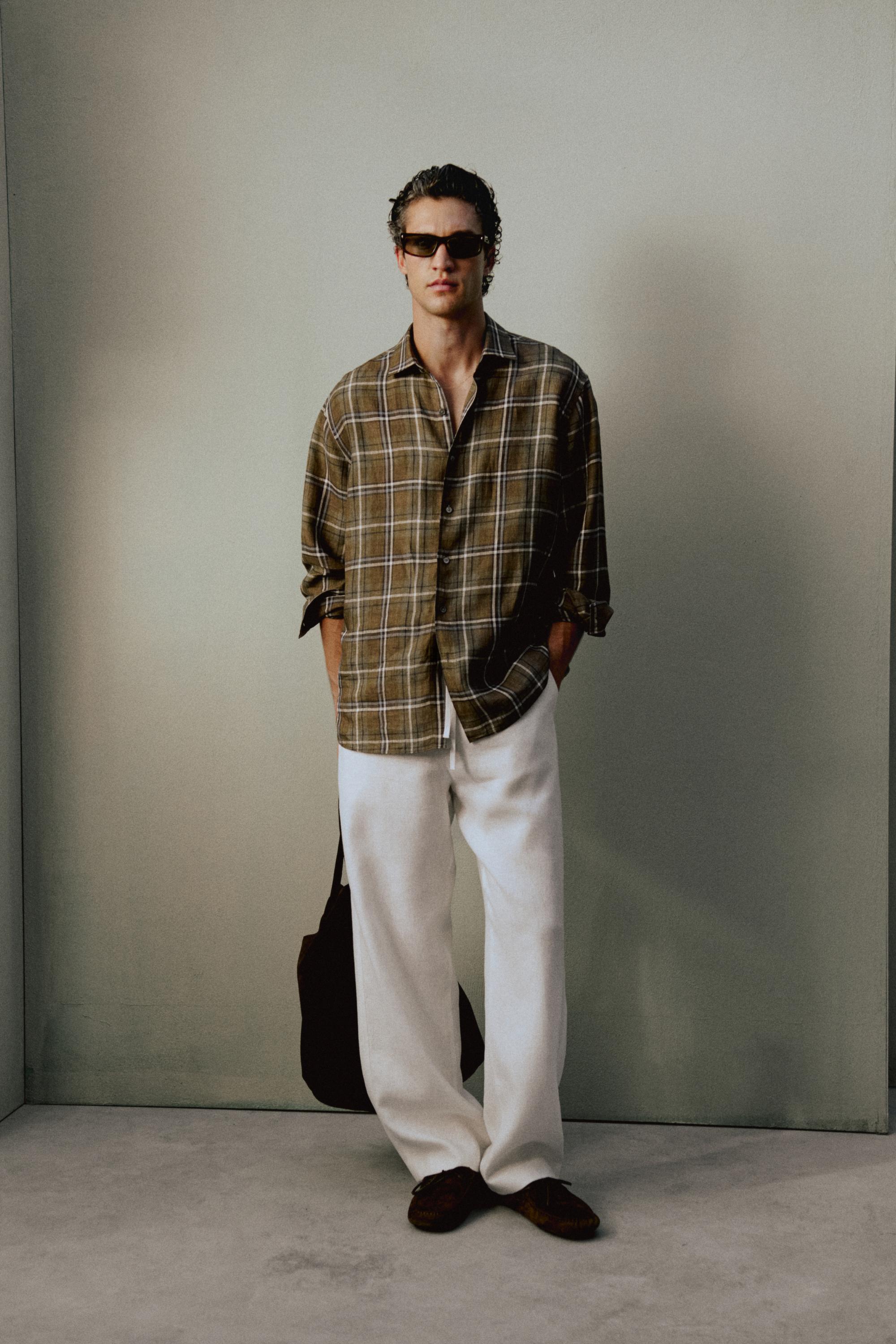 100% linen regular fit check shirt — GREEN