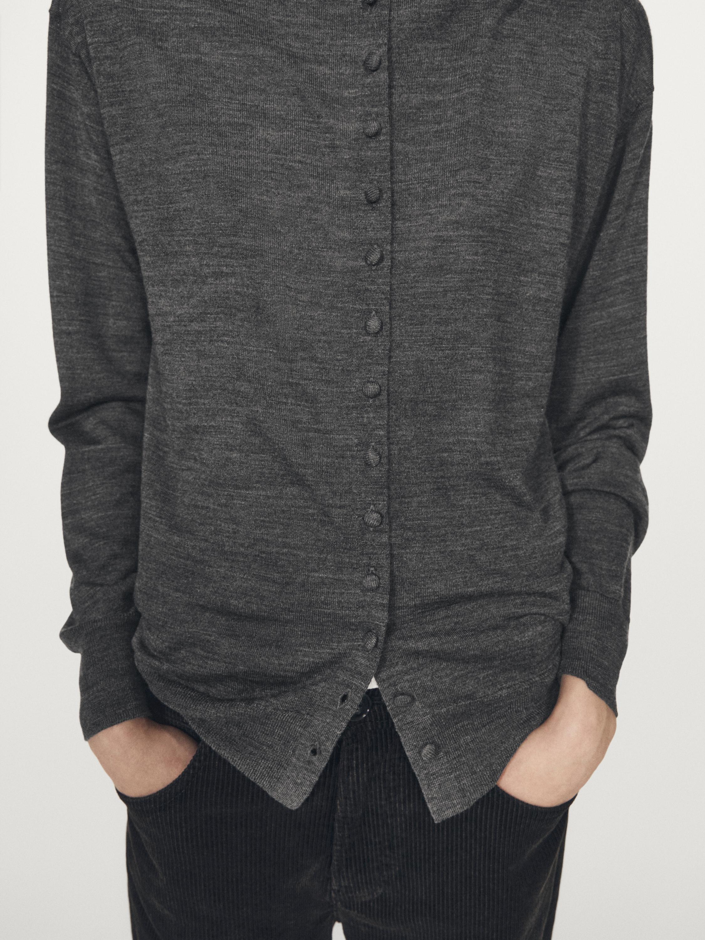 Mock turtleneck cardigan with covered buttons — MEDIUM GREY