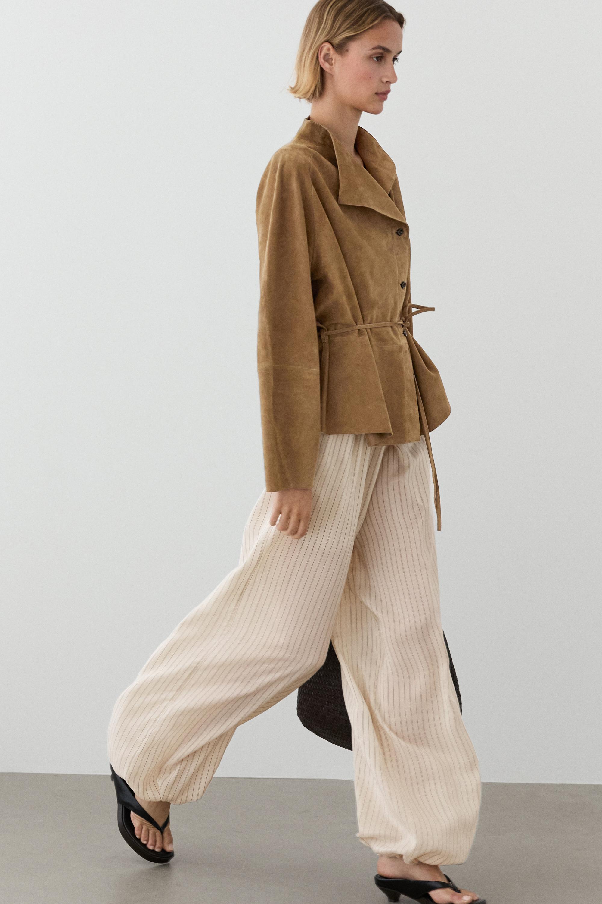 Suede leather jacket with drawstring — SAND