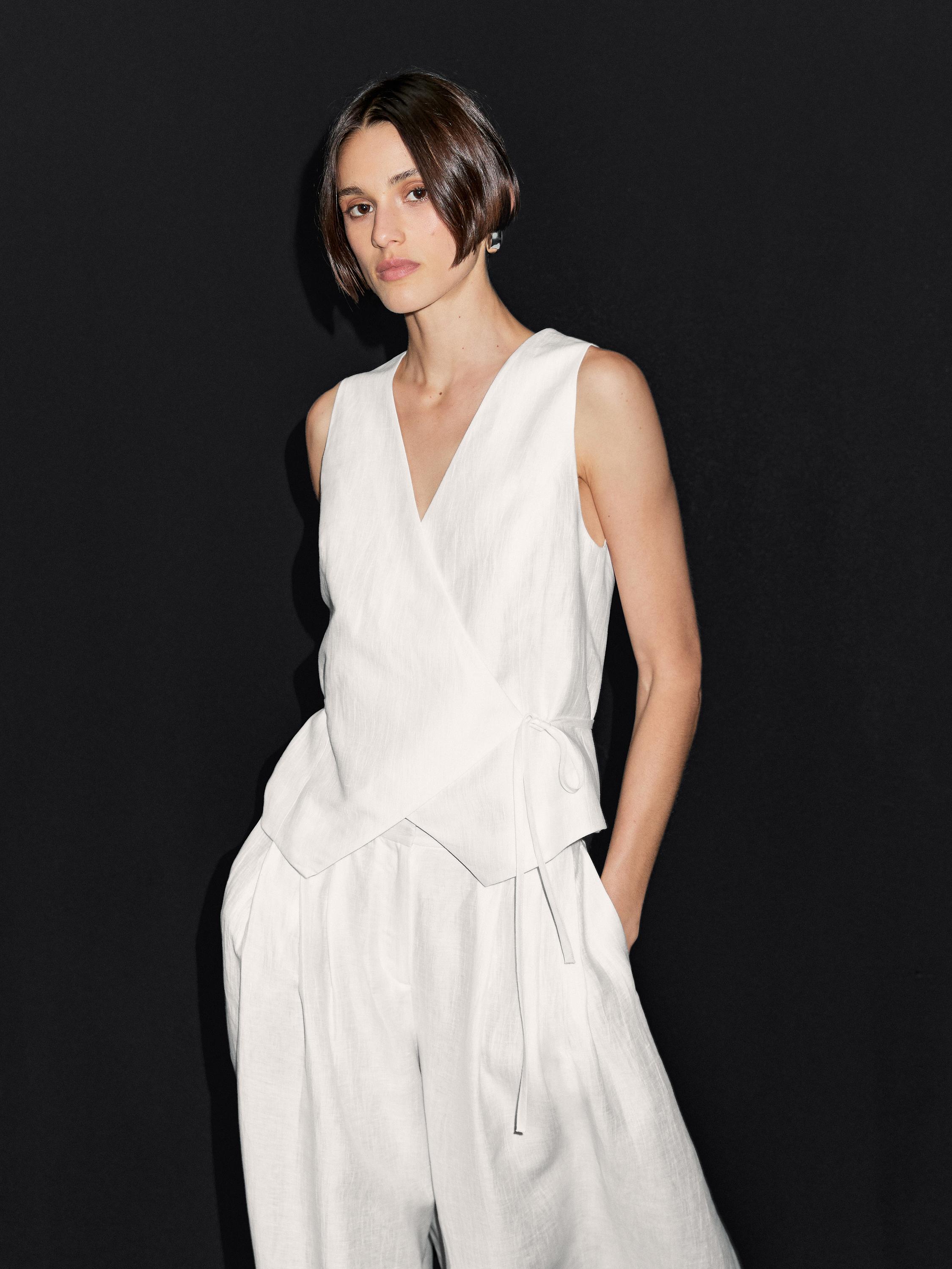 Bağcıklı keten karışımlı yelek