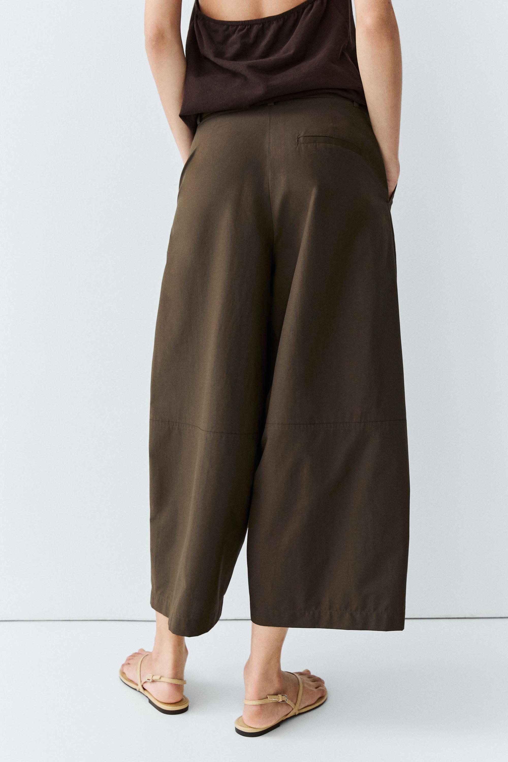 Cotton blend poplin wide-leg pants — KHAKI