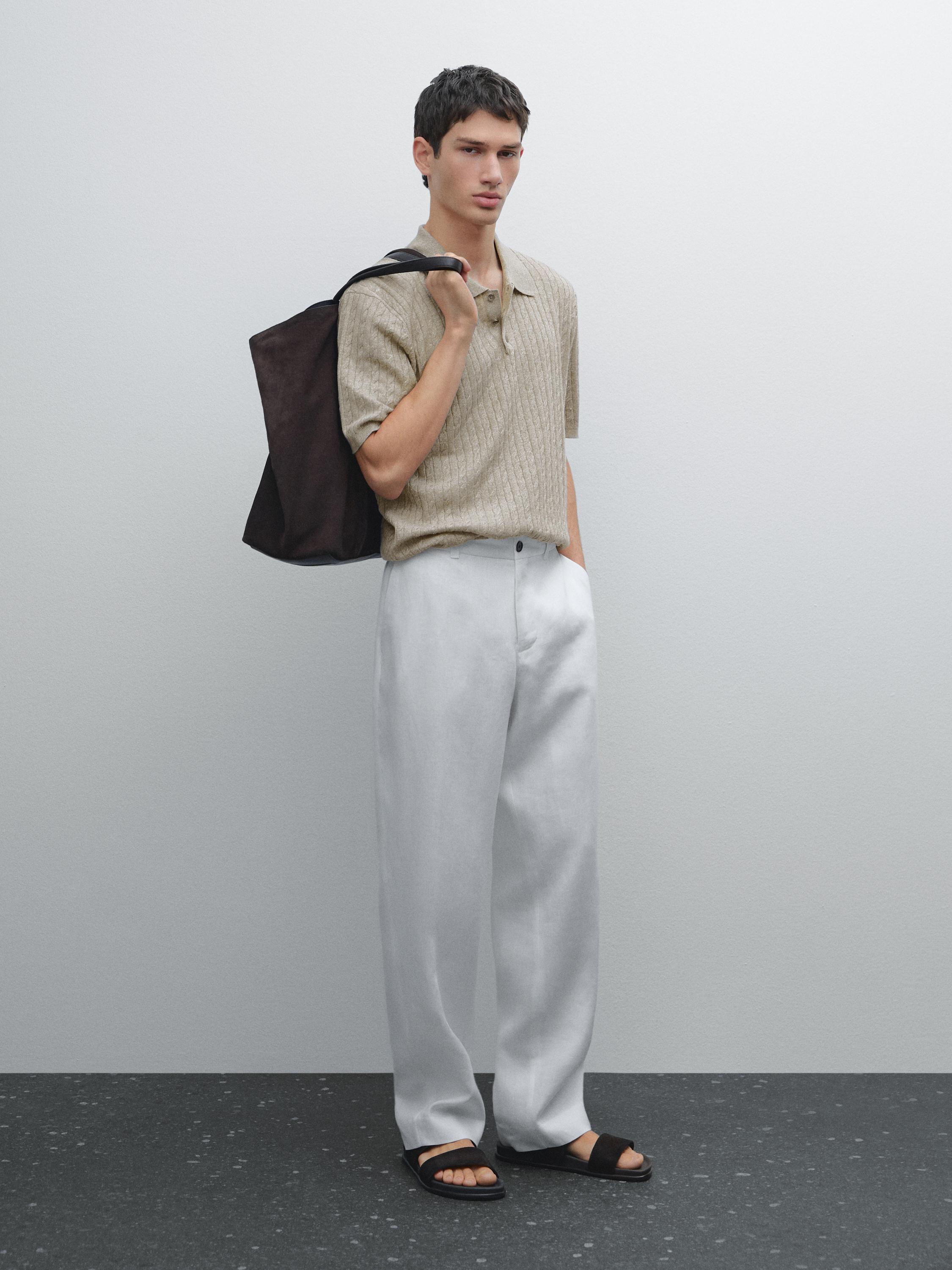 Cotton and linen blend knit polo sweater