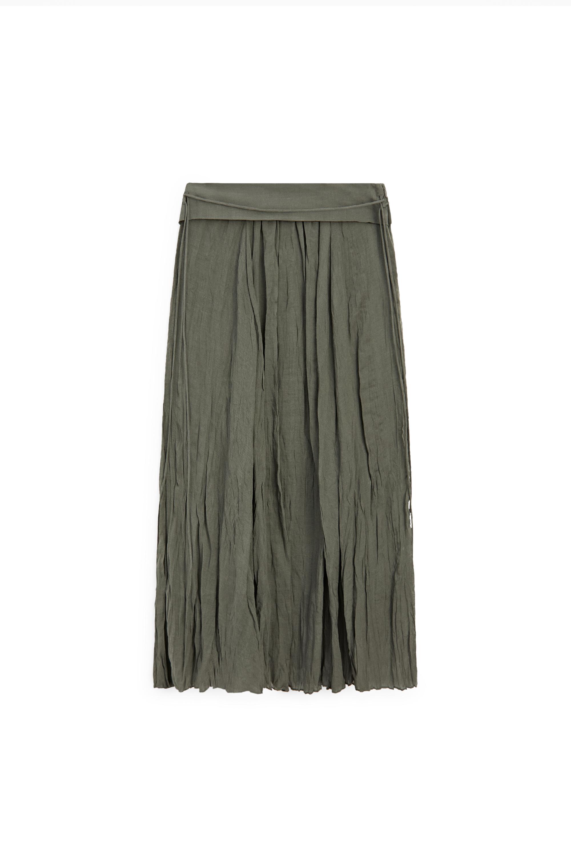 Ramie blend midi skirt with gathered detail — GREEN