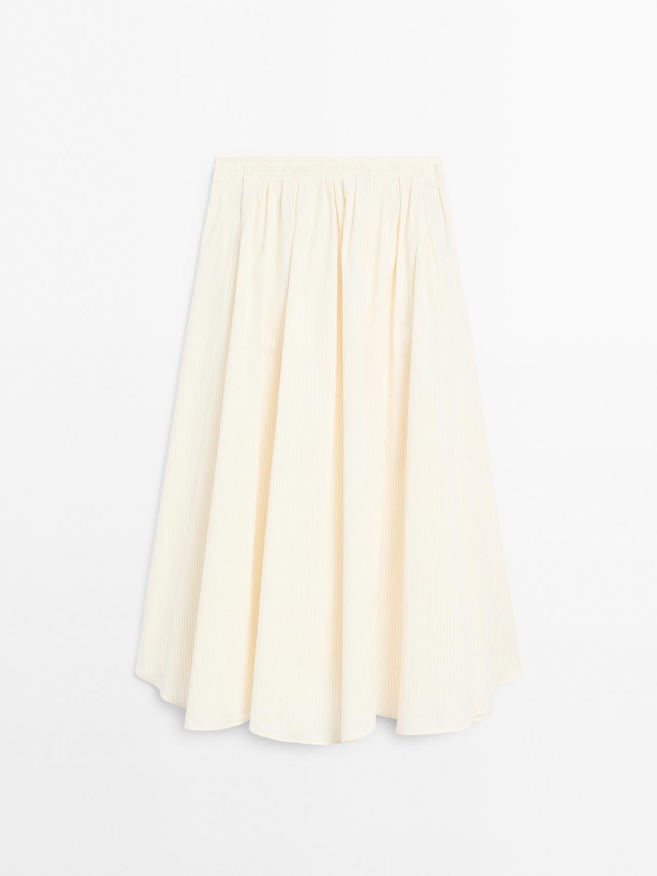 Massimo Dutti - Dame - Stribet Midinederdel Med Svaj - Råhvid - 42