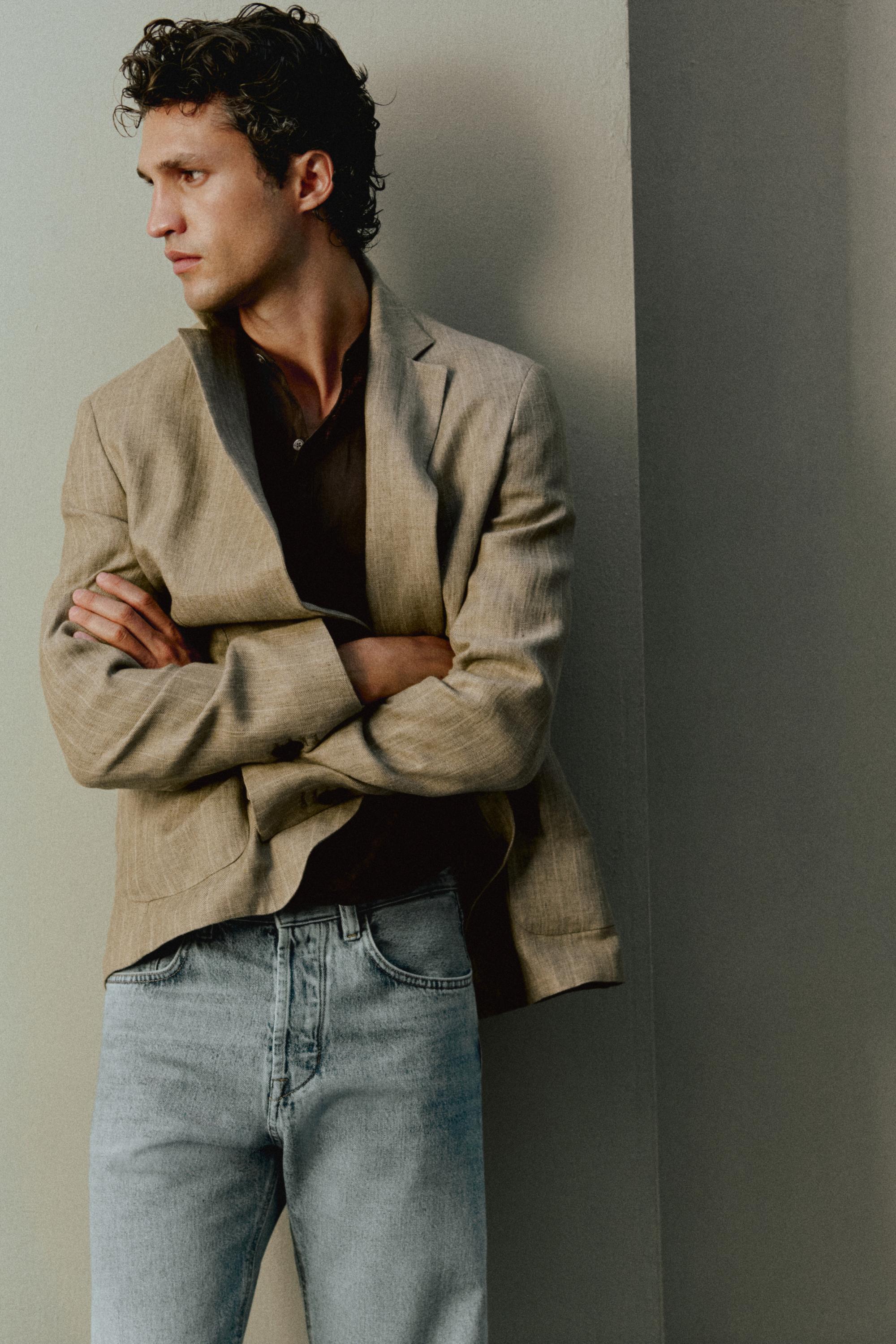 Linen herringbone stripe blazer — BEIGE