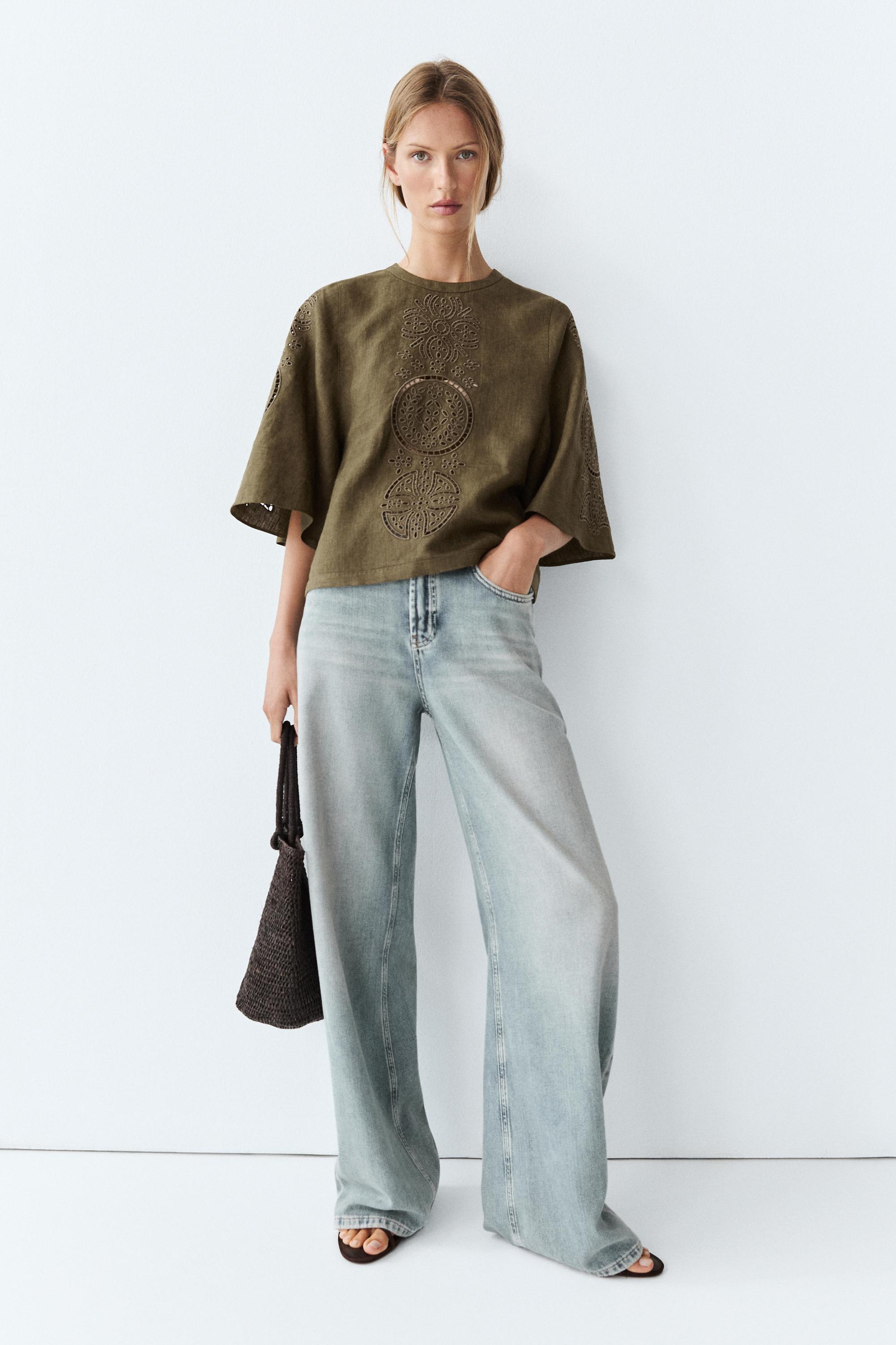 Linen blend blouse with embroidered details — GREEN