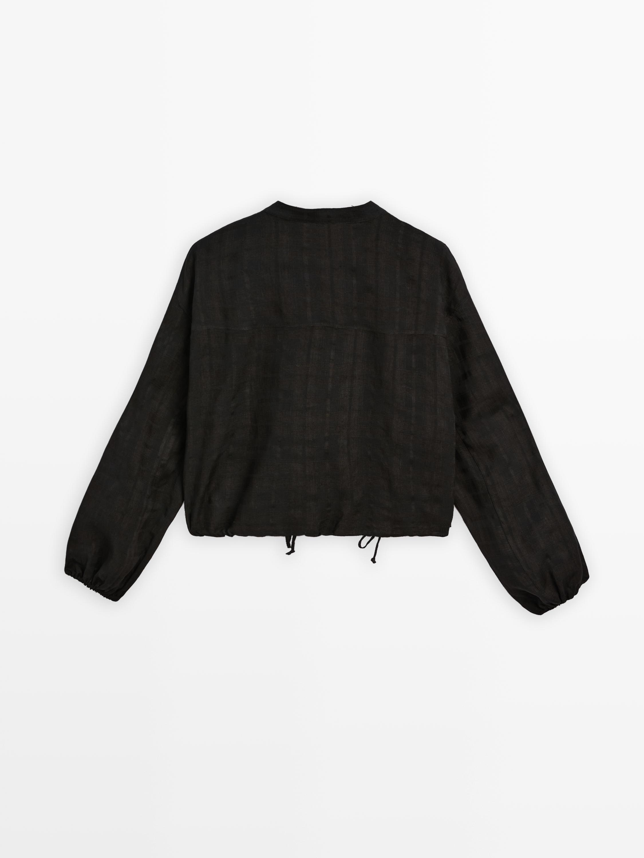 Linen blend check bomber jacket