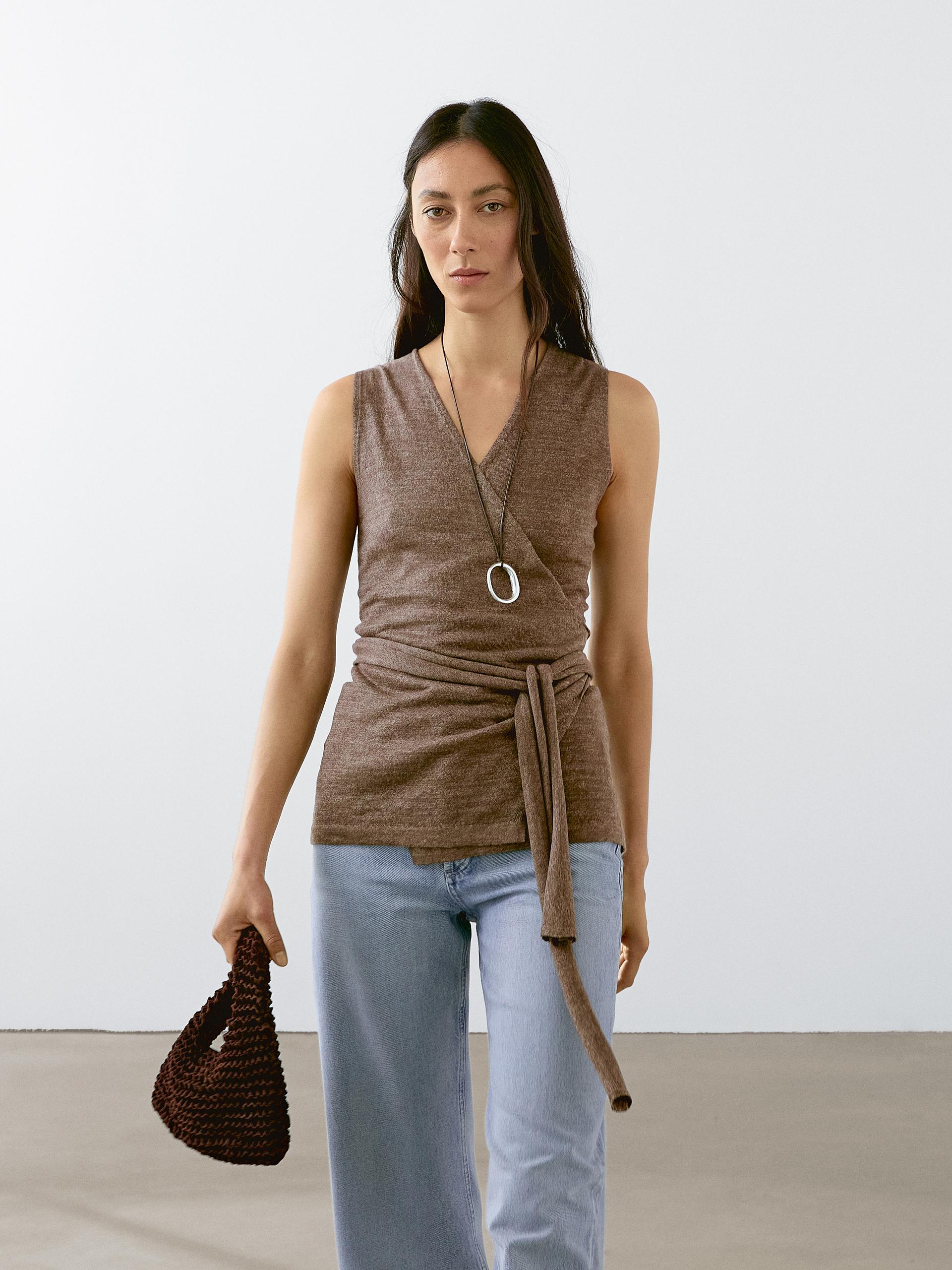 Massimo Dutti Linen Blend Knit Crossover Top In Brown