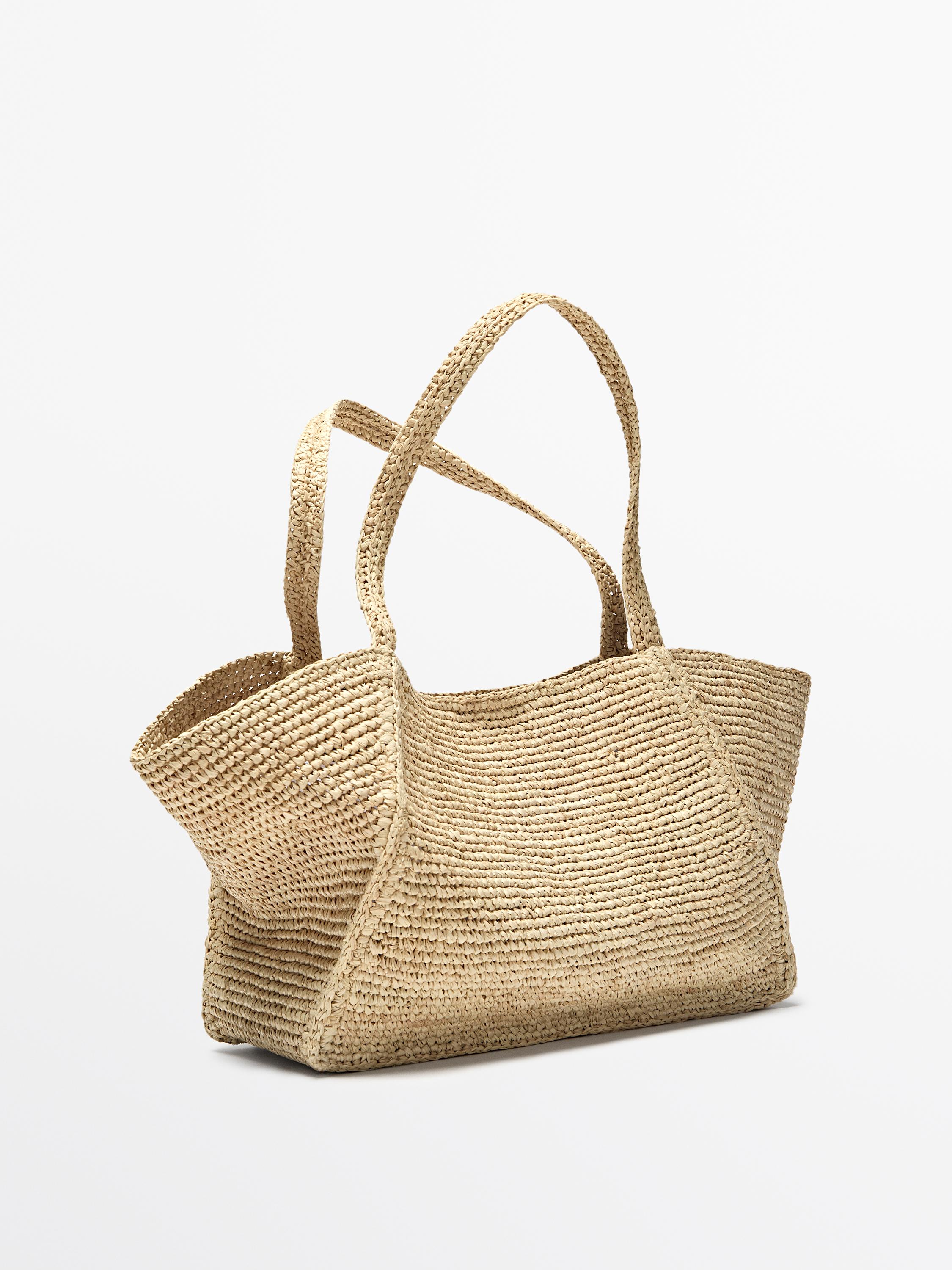 100% raffia mid-sized tote bag — BEIGE