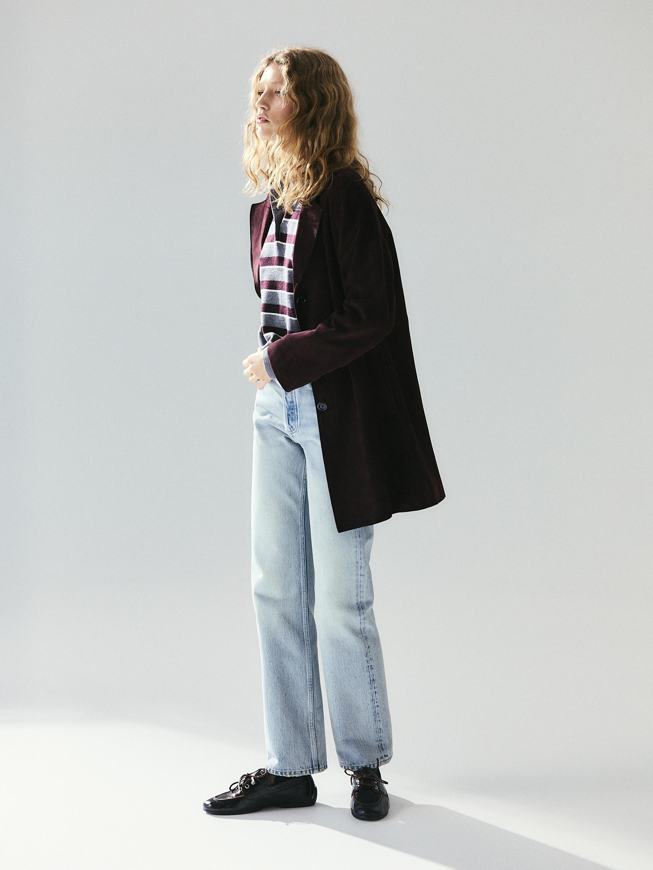 Manteau mi-long en cuir effet daim BORDEAUX