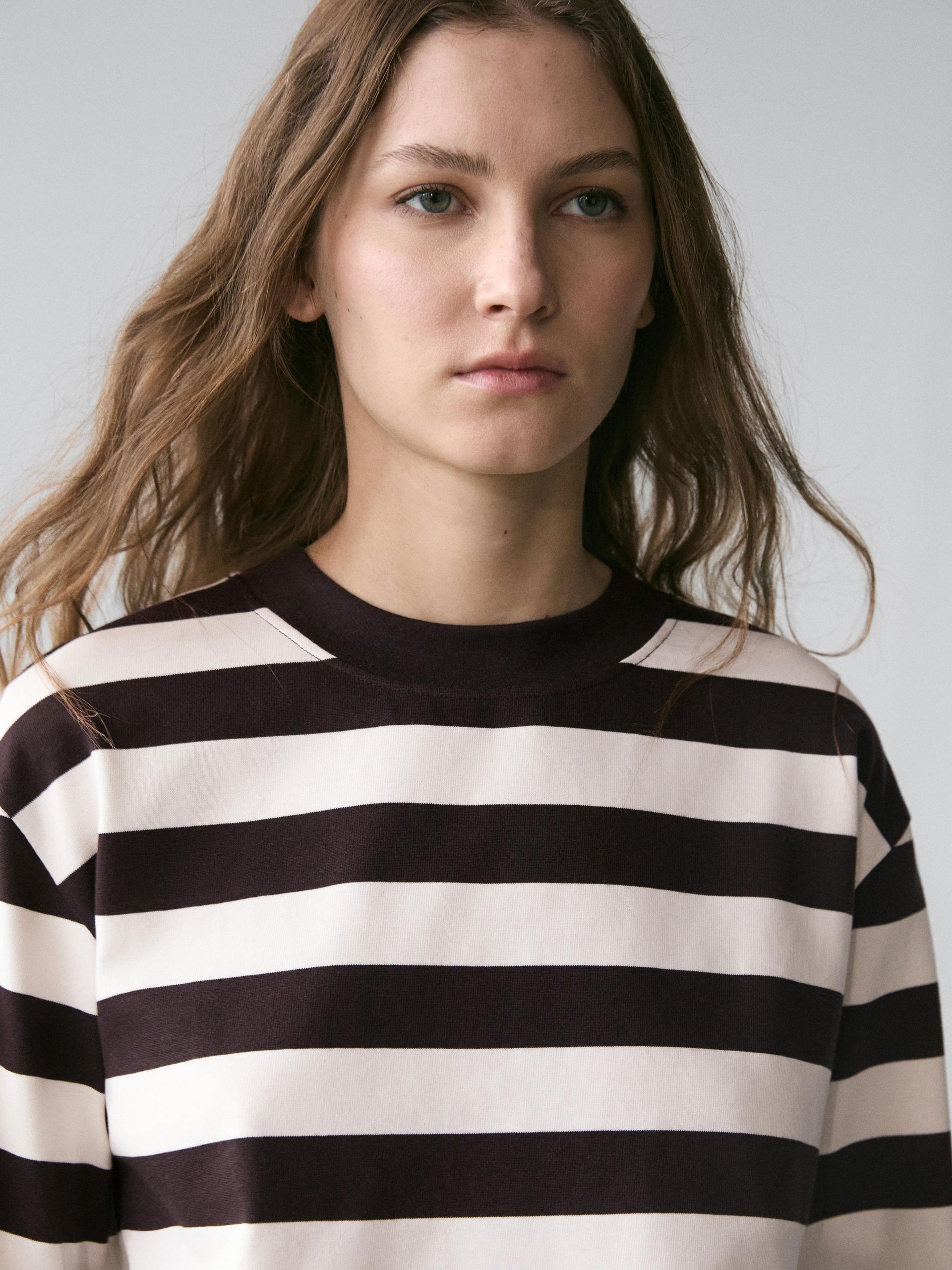 Maglietta A Righe A Maniche Lunghe In Cotone - Marrone - Xl - Massimo Dutti - Femminile