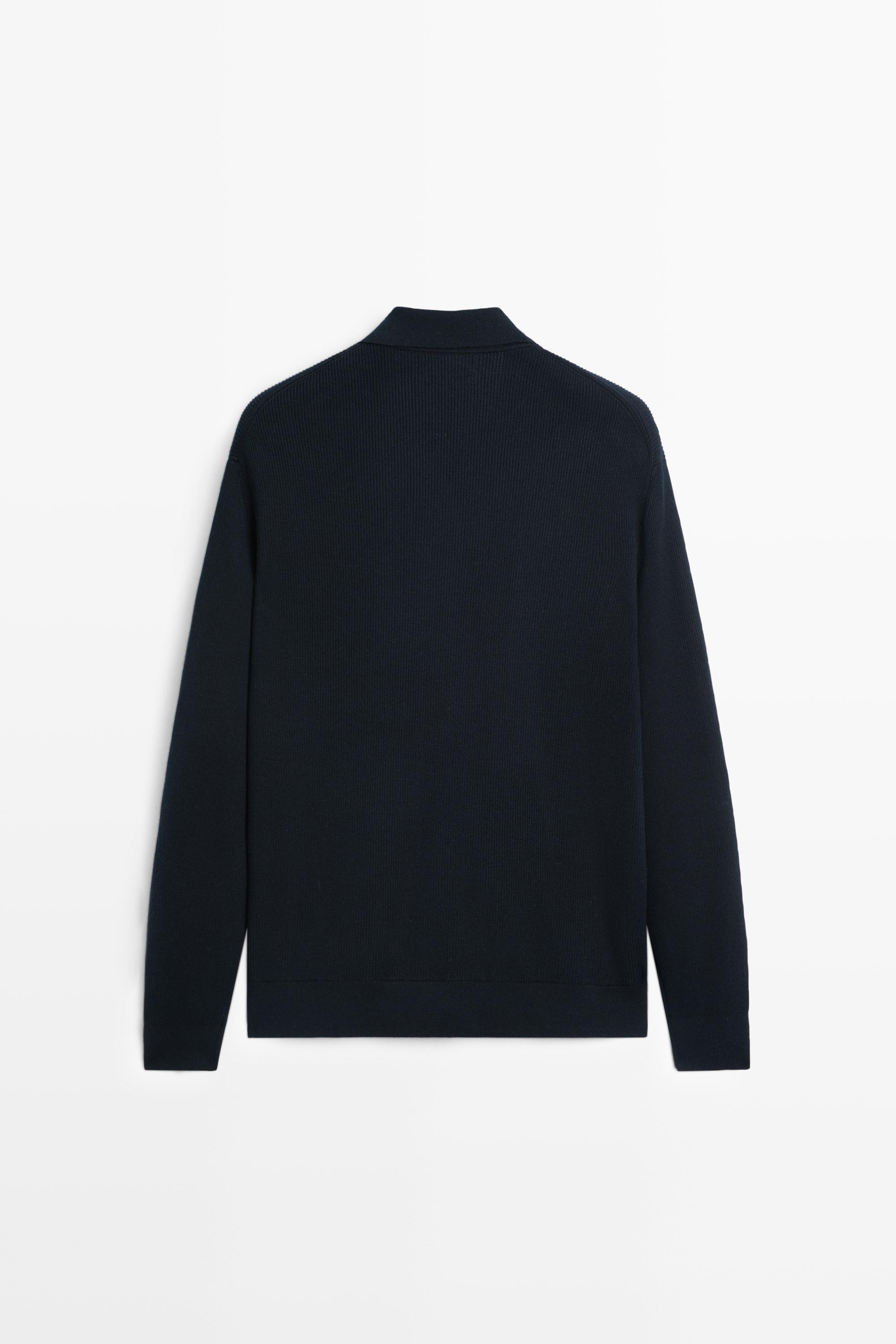 100% cotton polo collar knit cardigan — NAVY BLUE