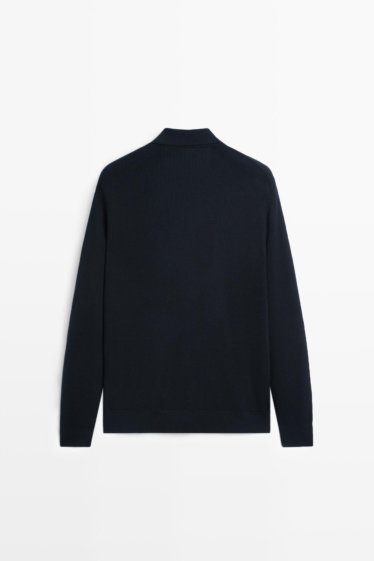 100% cotton polo collar knit cardigan — NAVY BLUE