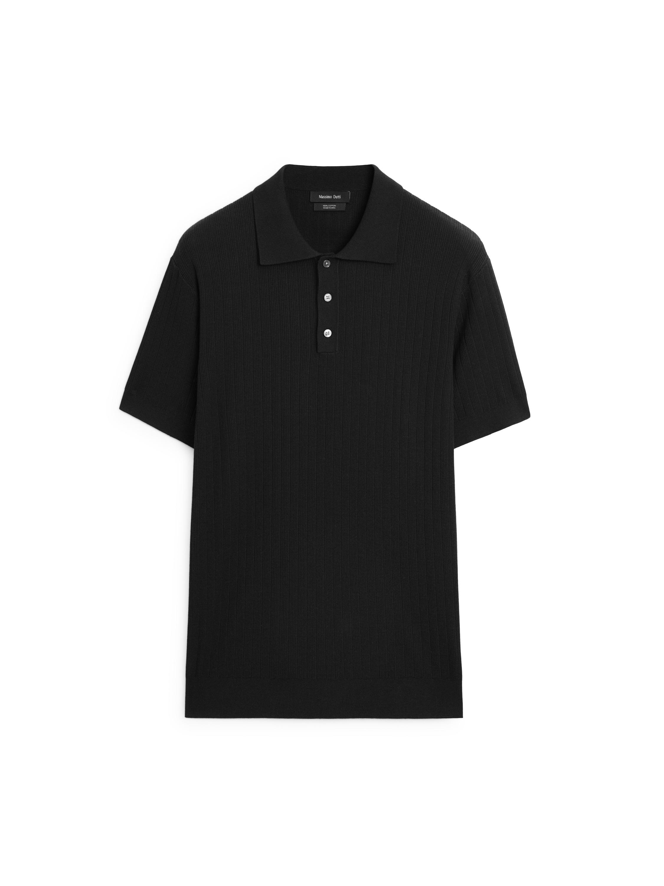 Ribbed knit cotton polo shirt — BLACK