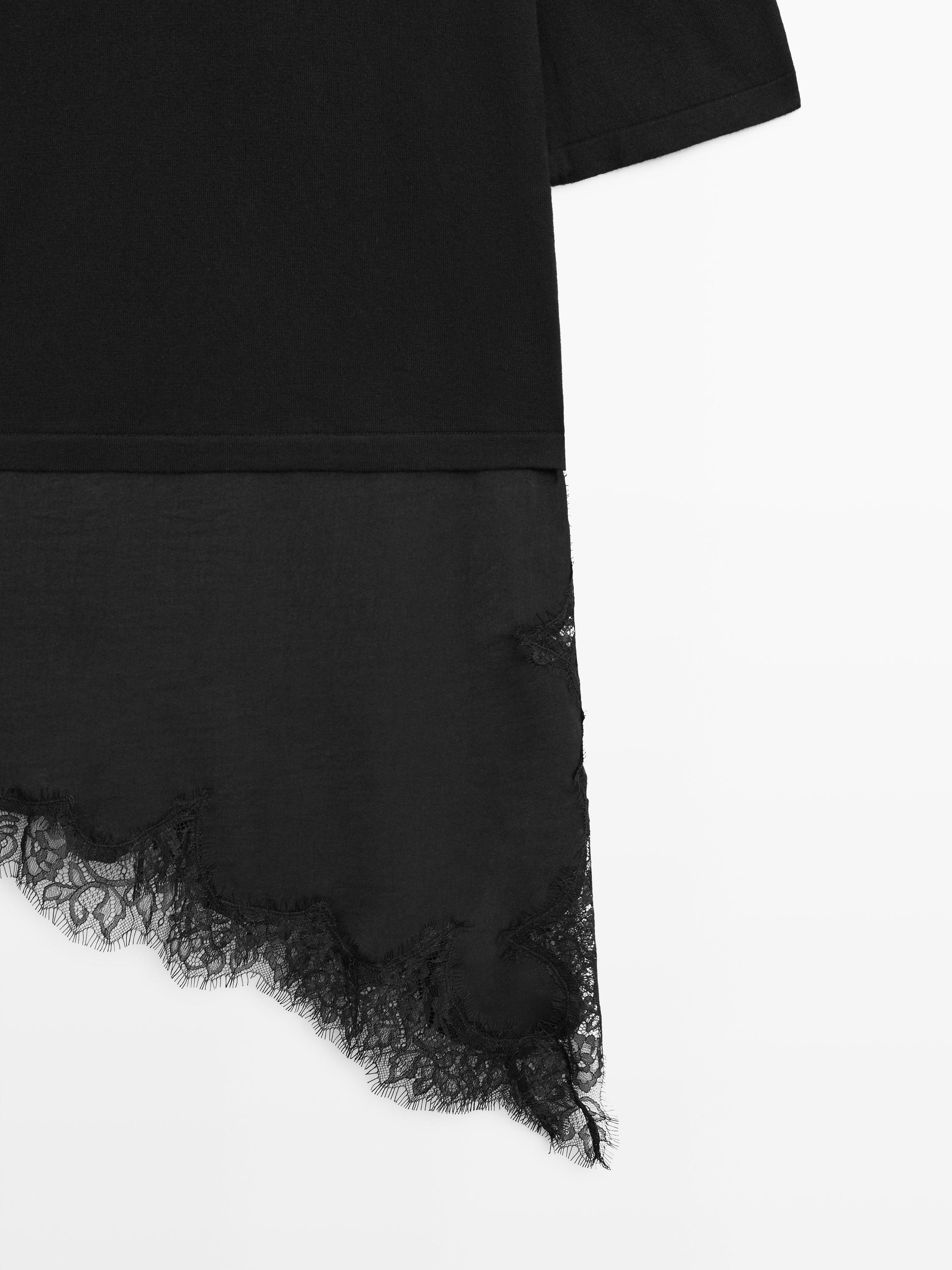 Sweater with contrast lace detail — BLACK