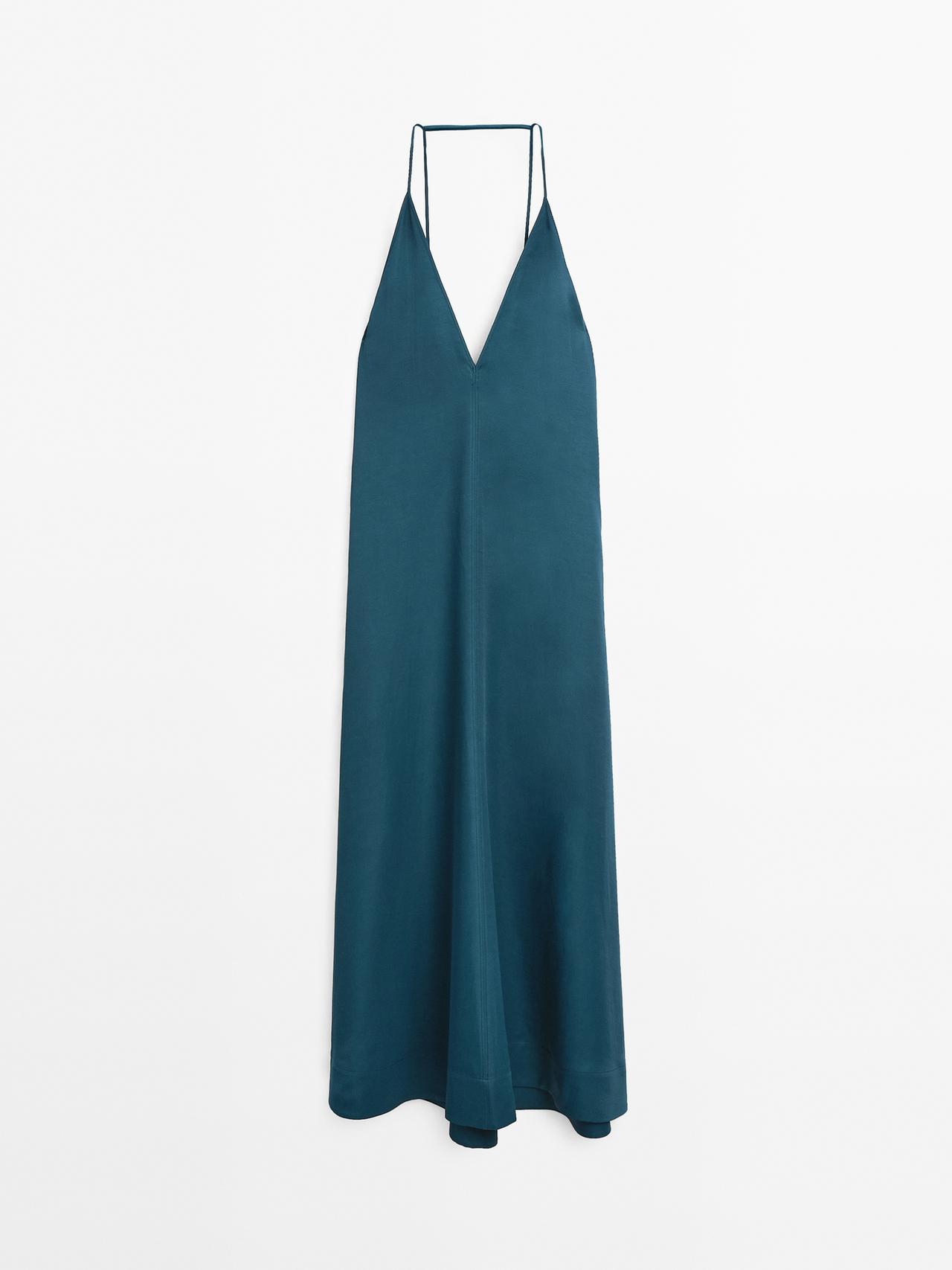 Massimo Dutti - Dame - Lang Kjole Med Blødt Fald Og V-Udskæring - Grøn - 36
