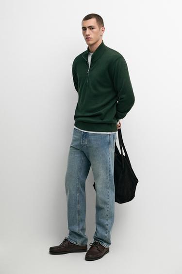 Mock neck zip knit sweater — KHAKI 1