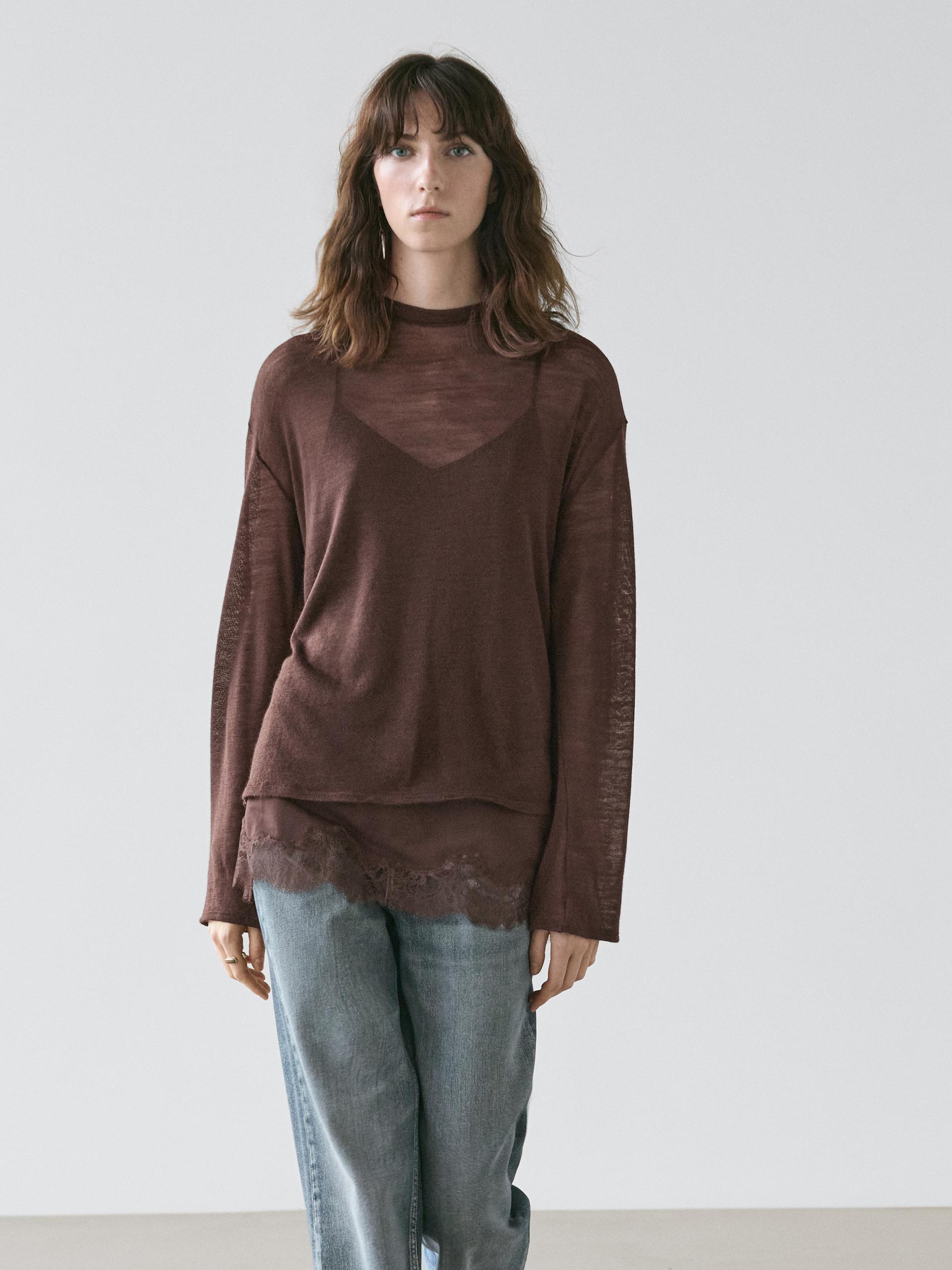 Maglietta A Maniche Lunghe Con Dettaglio In Pizzo - Marrone - S - Massimo Dutti - Femminile