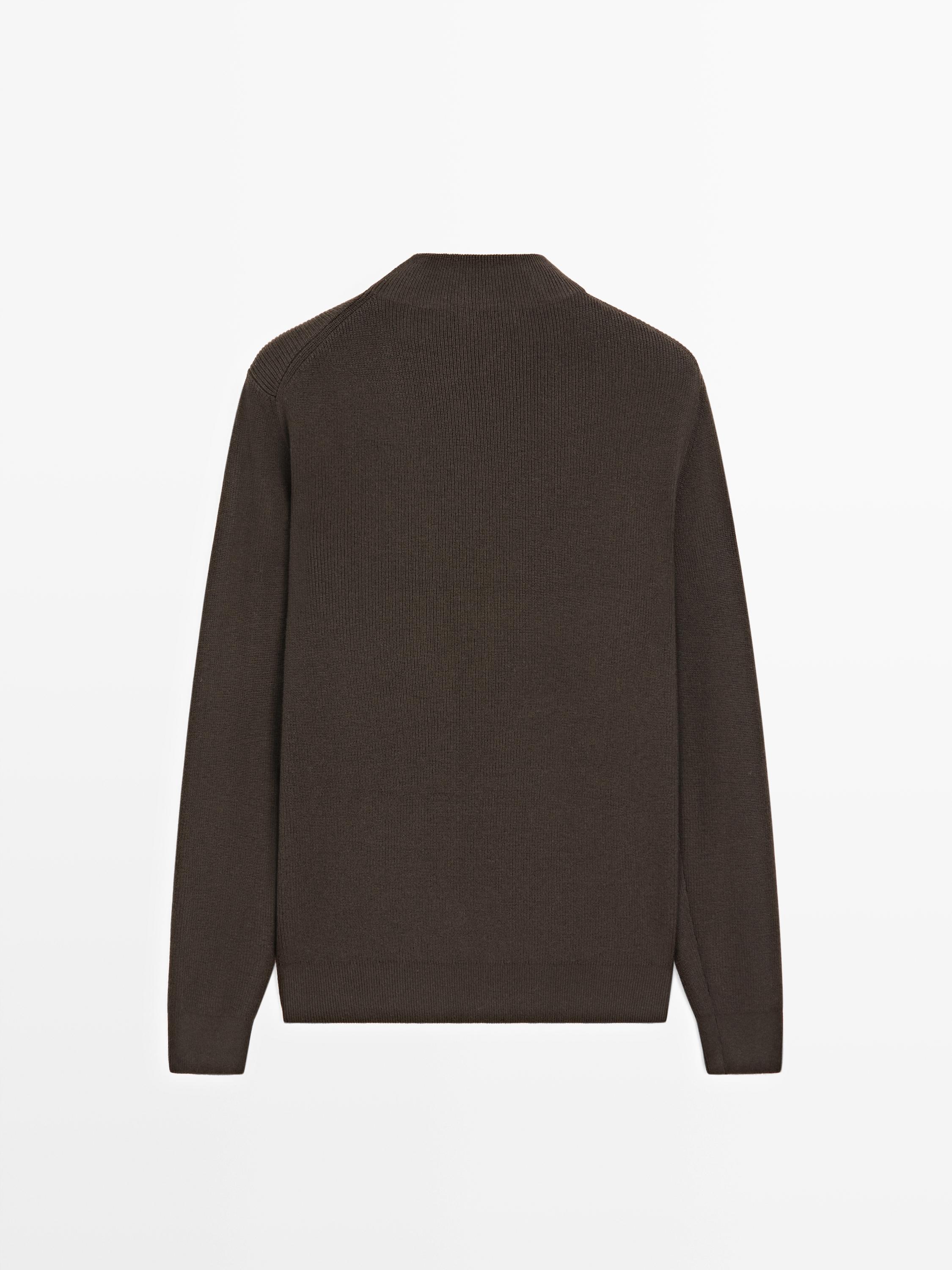 Cotton blend knit sweater with mock turtleneck — BROWN MARL