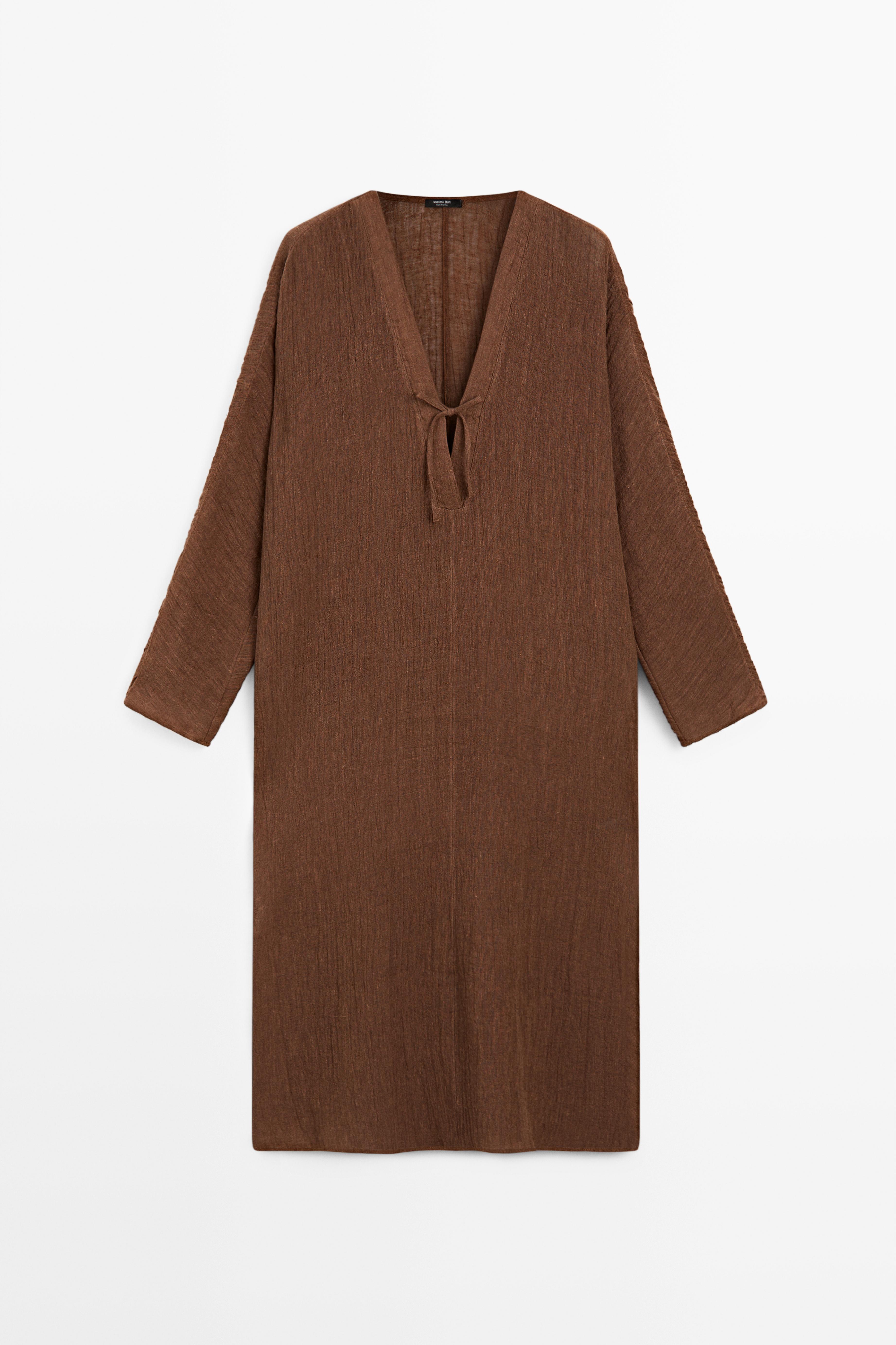 Linen blend kaftan dress with tied neckline — OCHRE
