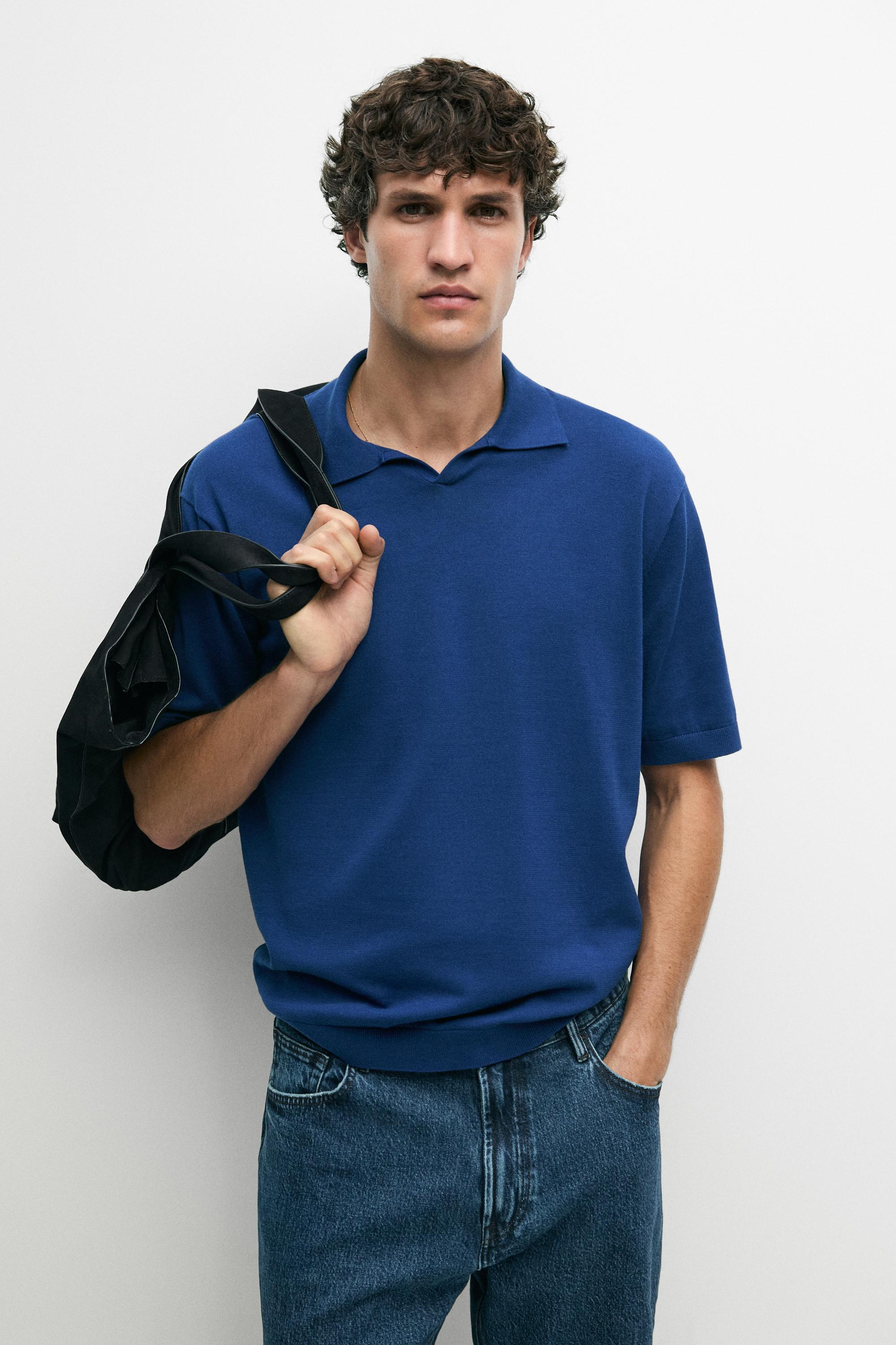 100% cotton V-neck knit polo — Electric blue