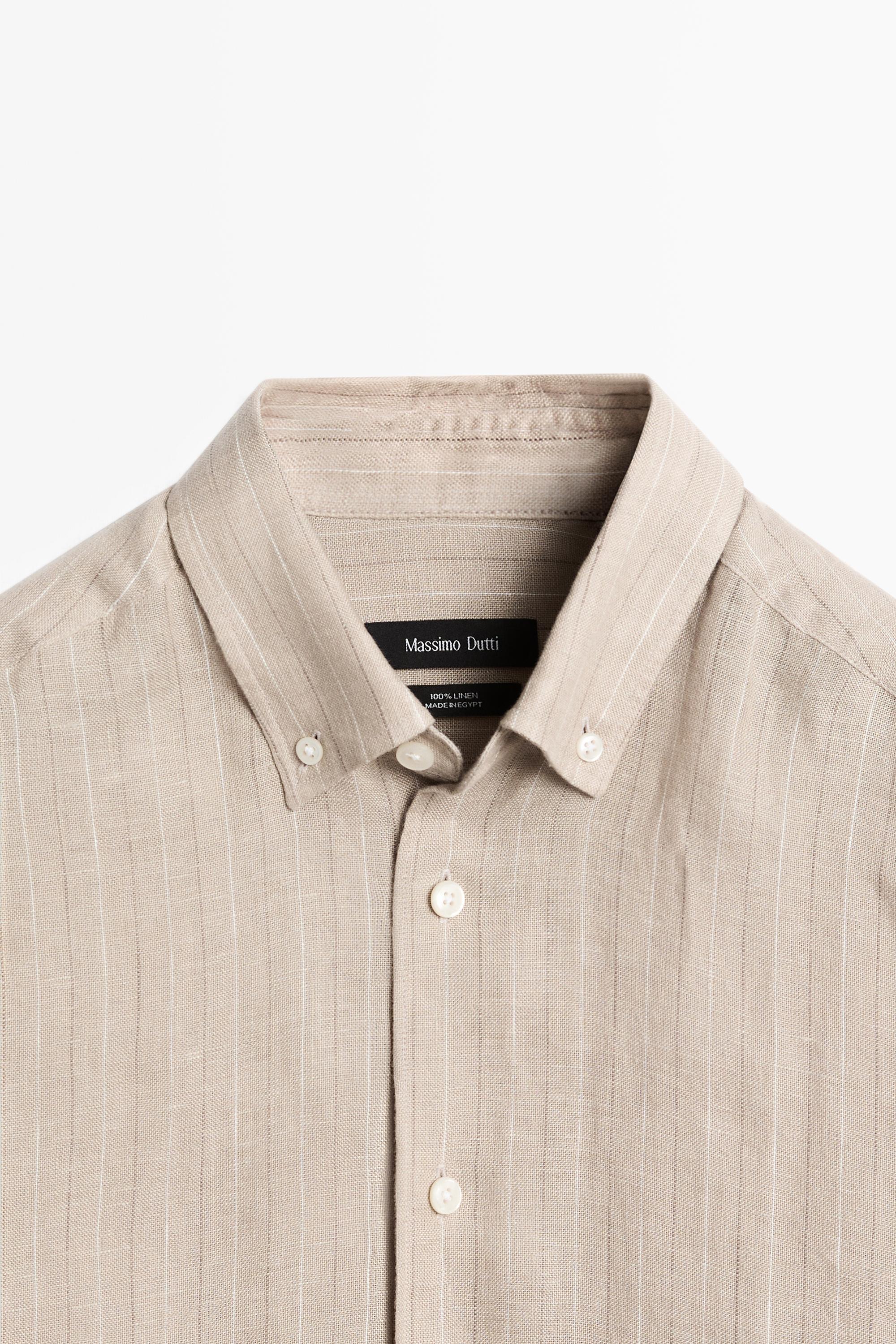 100% linen striped slim fit shirt — CAMEL