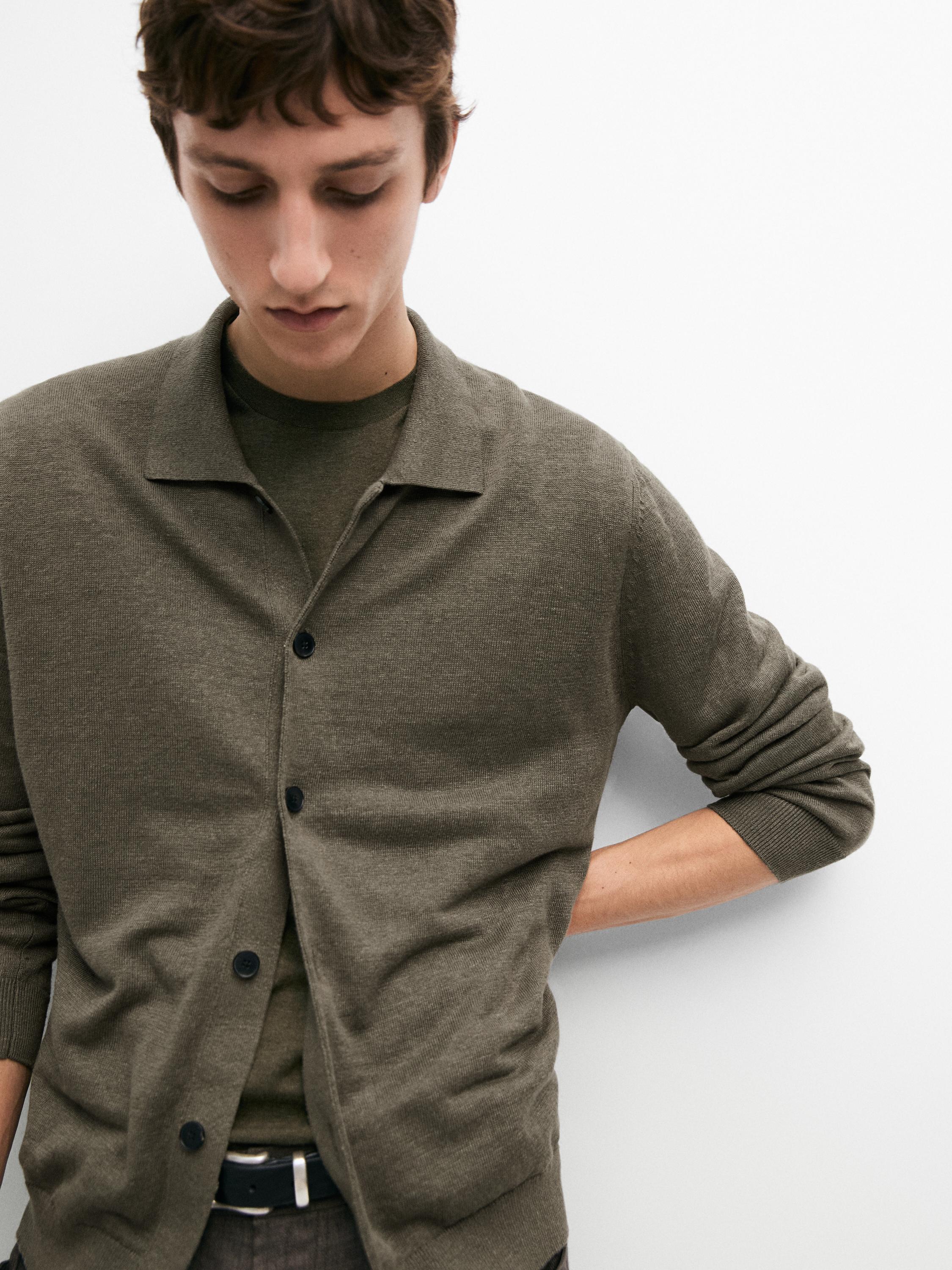 Linen knit cardigan with buttons — PALE KHAKI