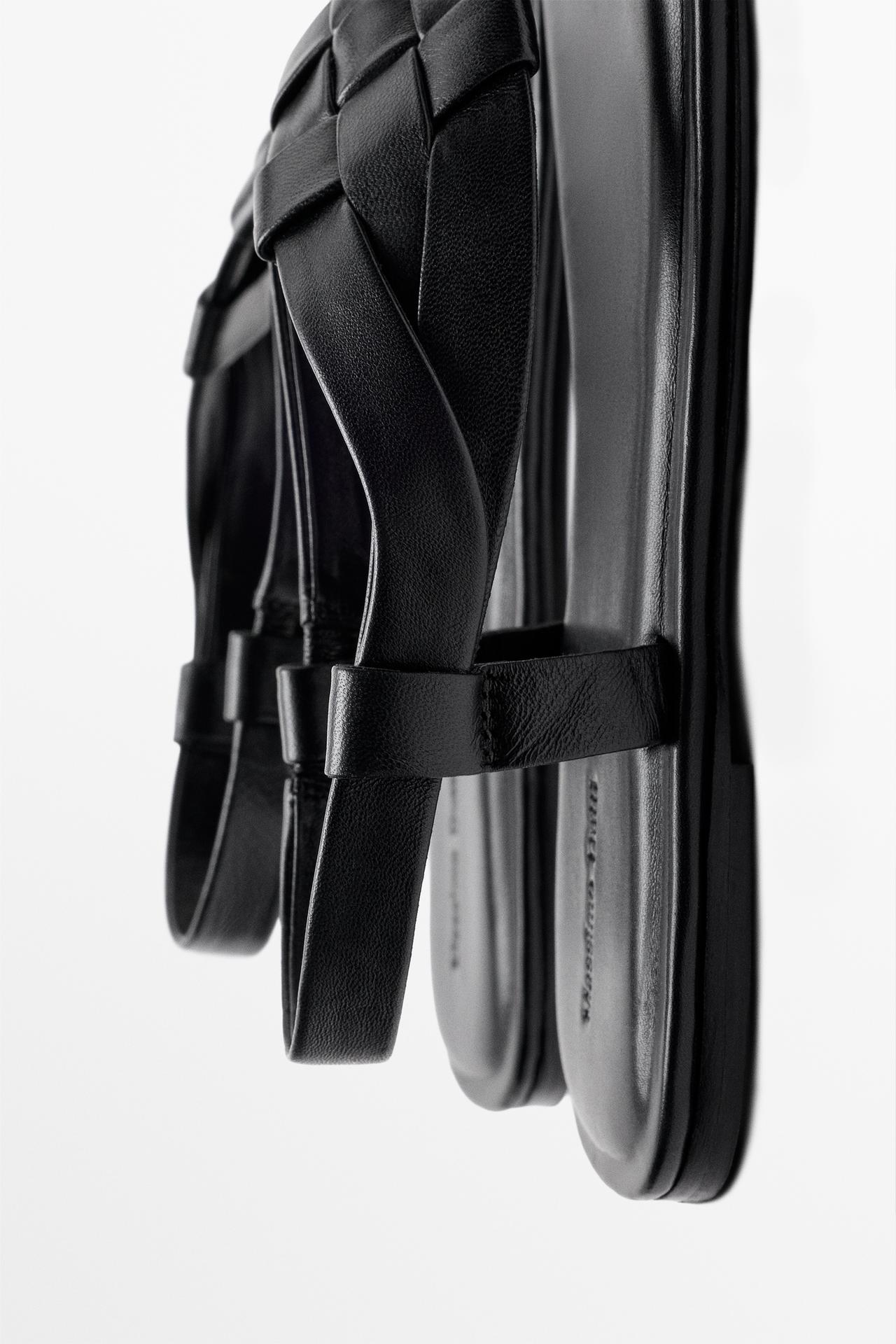 Flat woven leather sandals — BLACK
