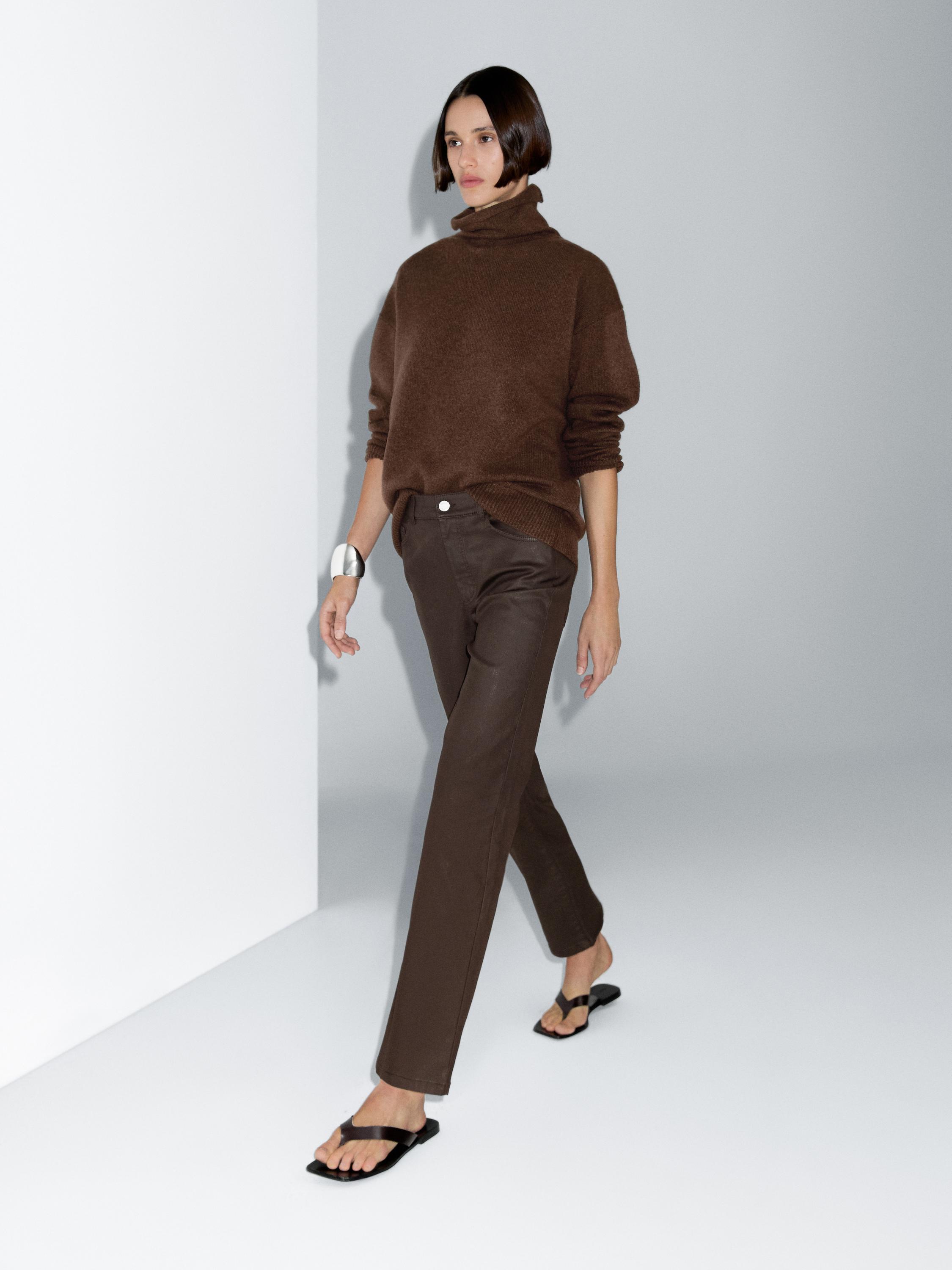 High-waist straight-leg waxed trousers