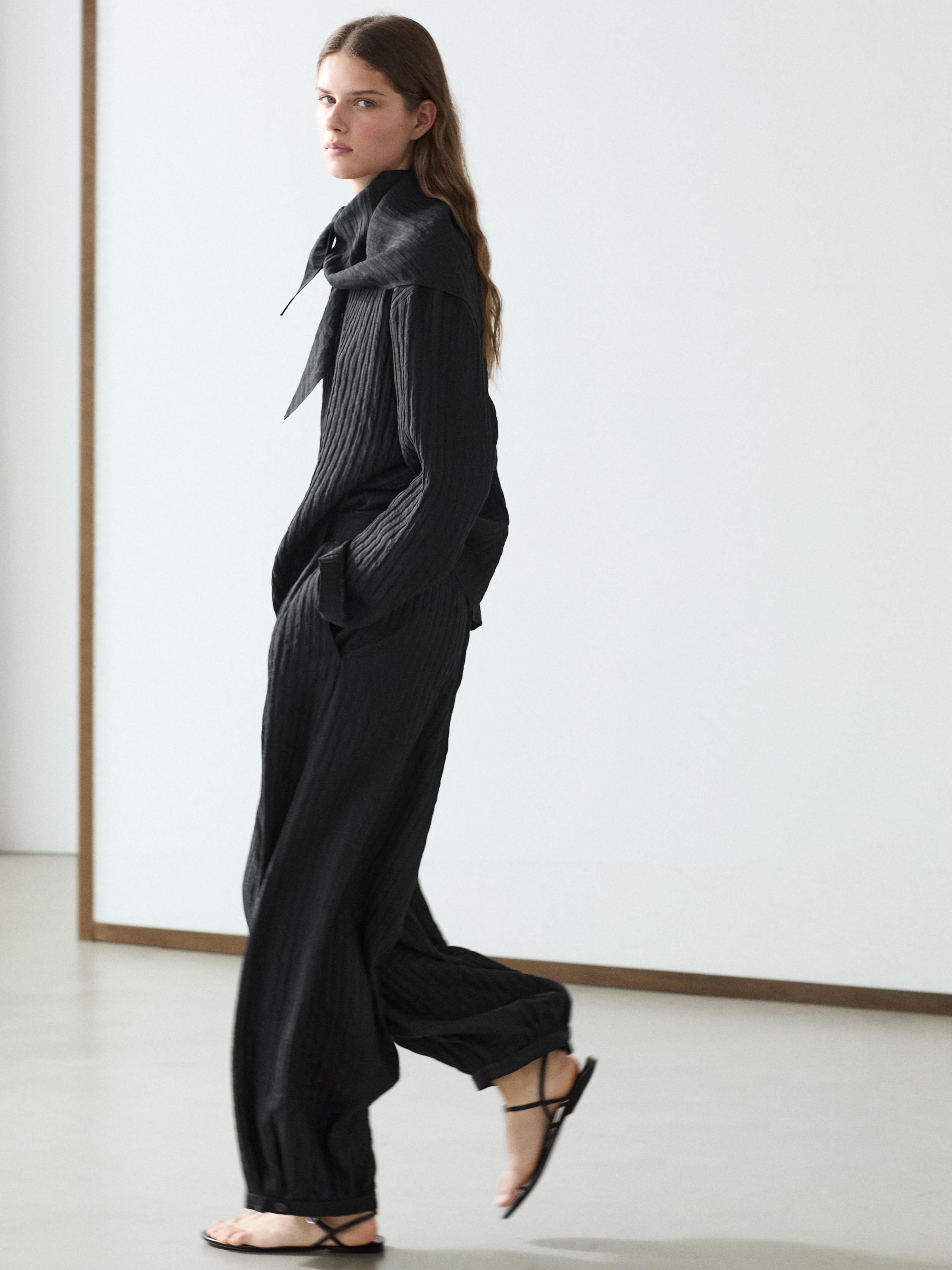Striped flowing shirt with scarf detail — BLACK