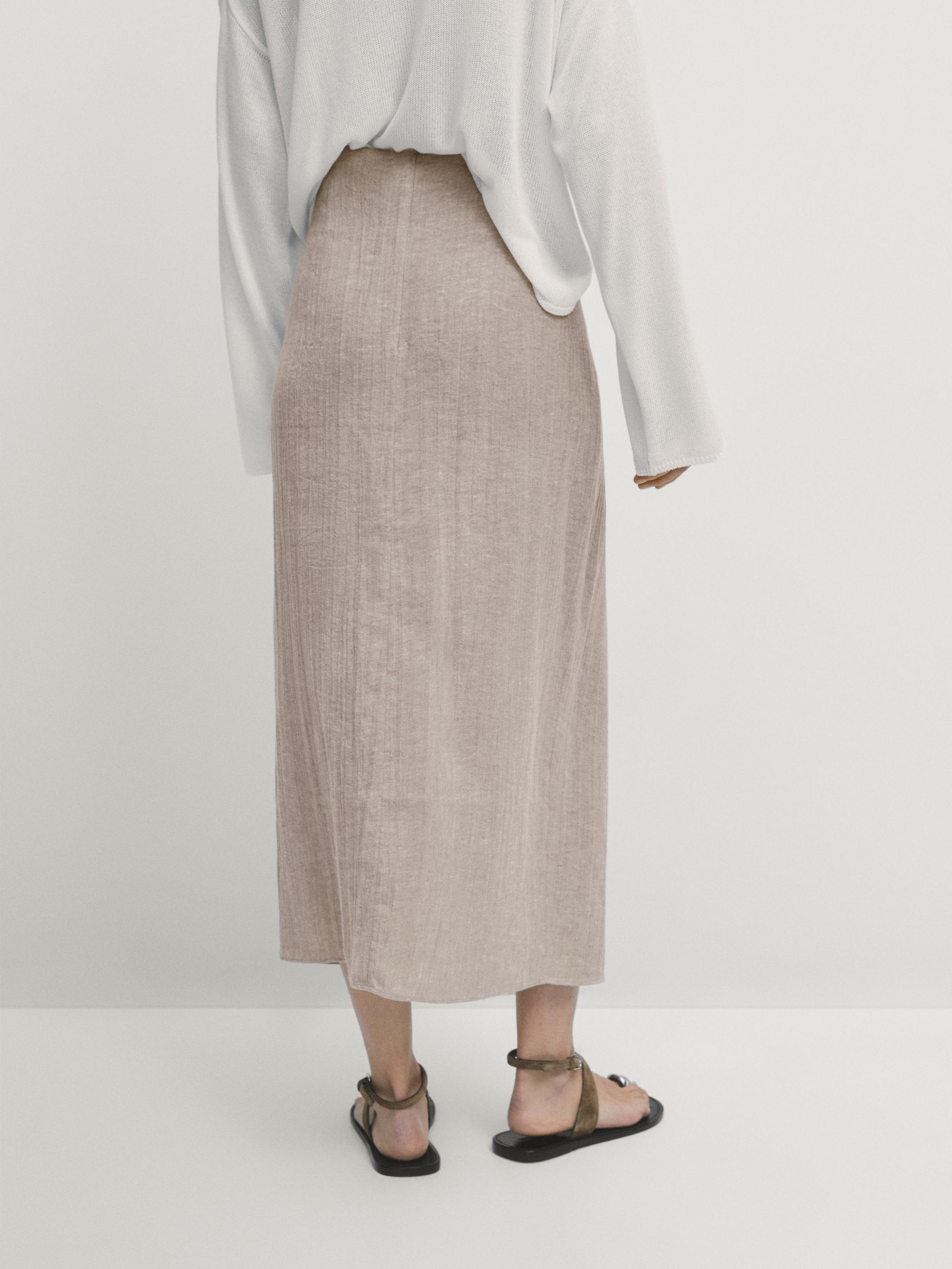 Linen blend midi skirt with slit detail