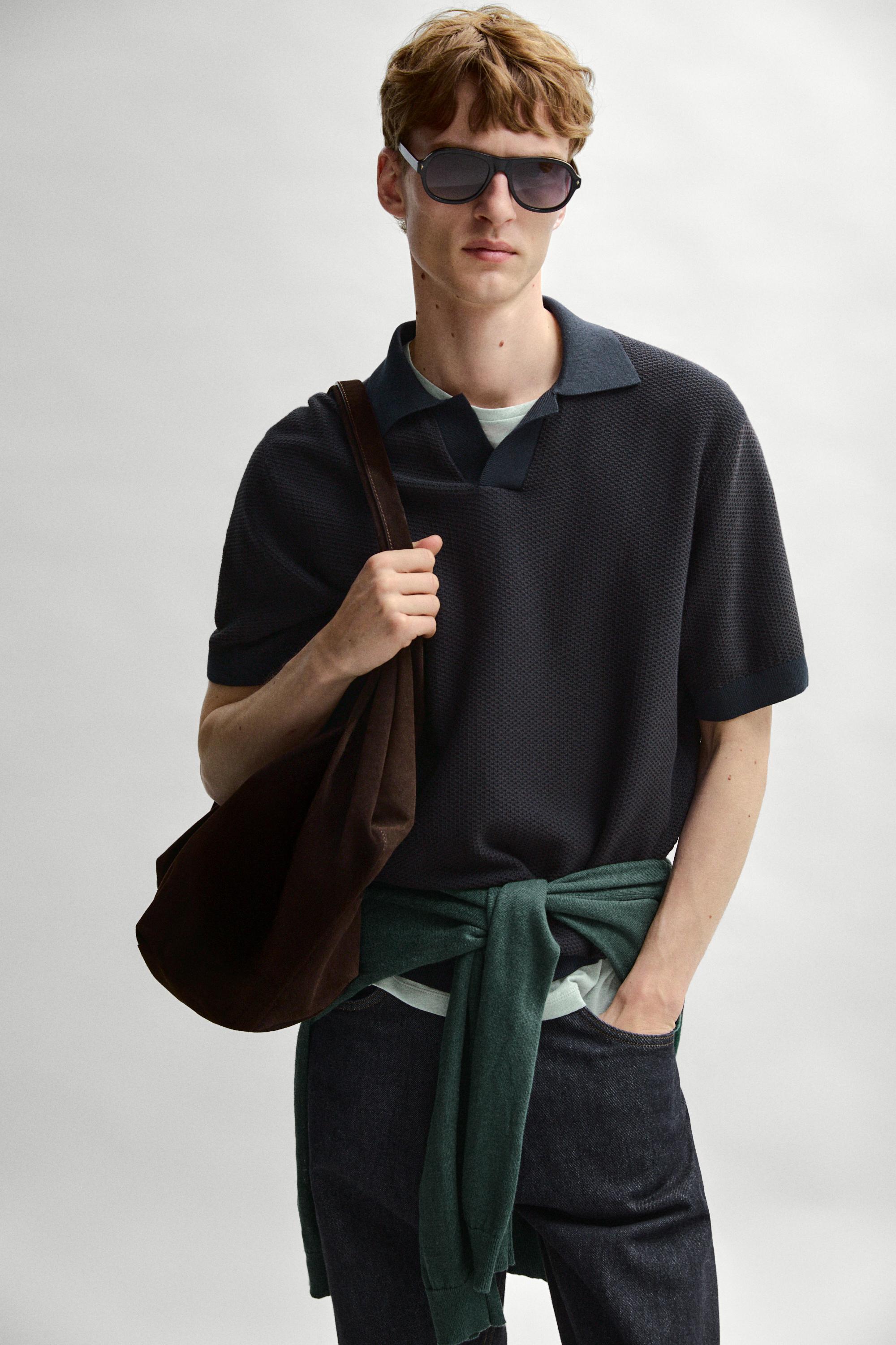 100% cotton textured knit polo sweater — NAVY BLUE