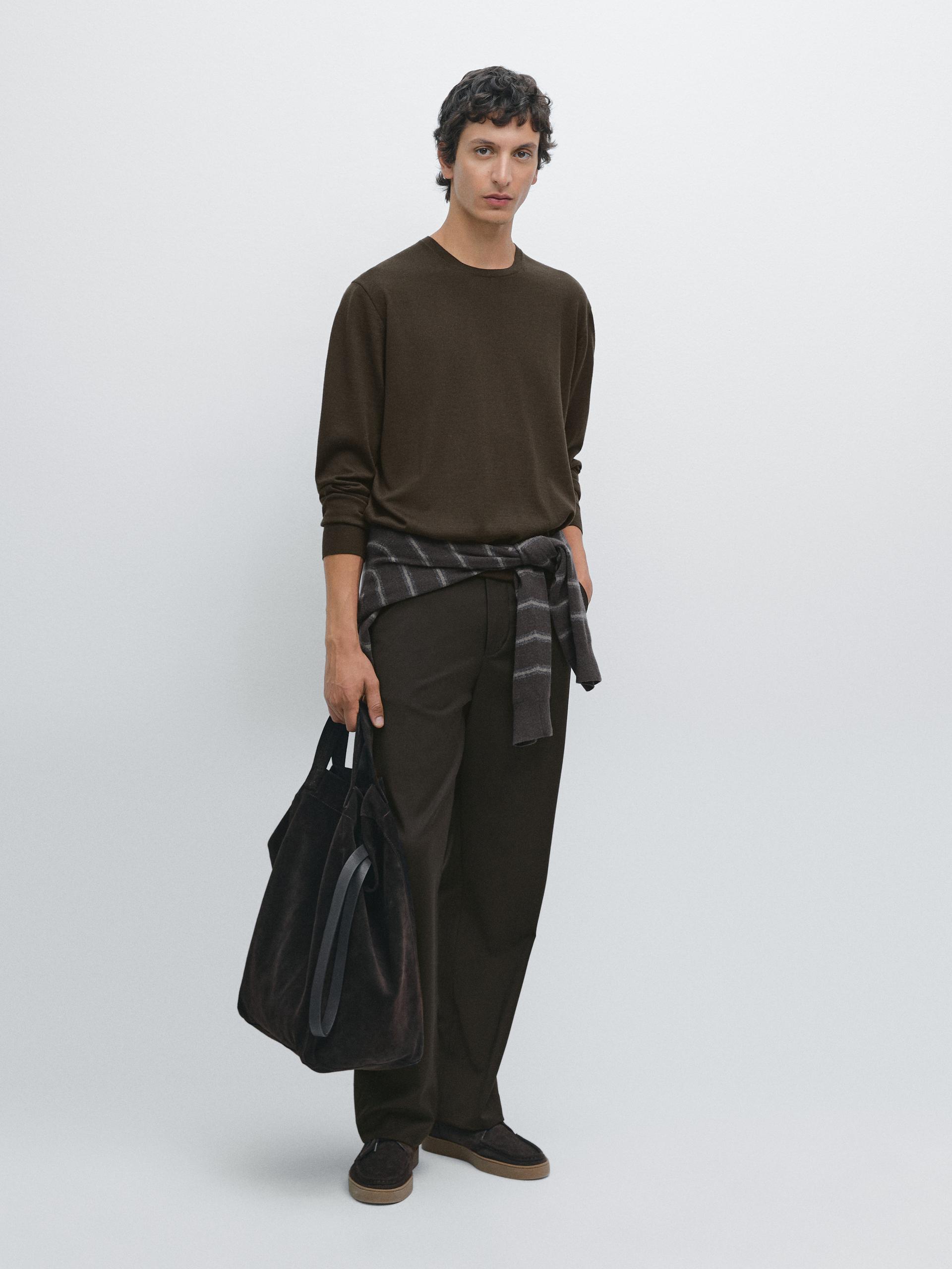 Dzianinowy Sweter Ze 100% Wełny Merynosów - Brązowy - Xl - Massimo Dutti - Mężczyzna