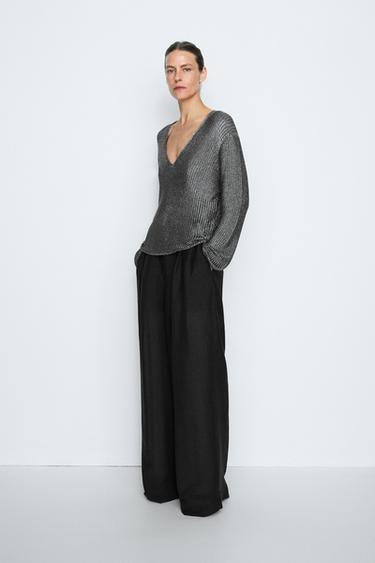 Metallic knit V-neck sweater - STUDIO — Silver 1