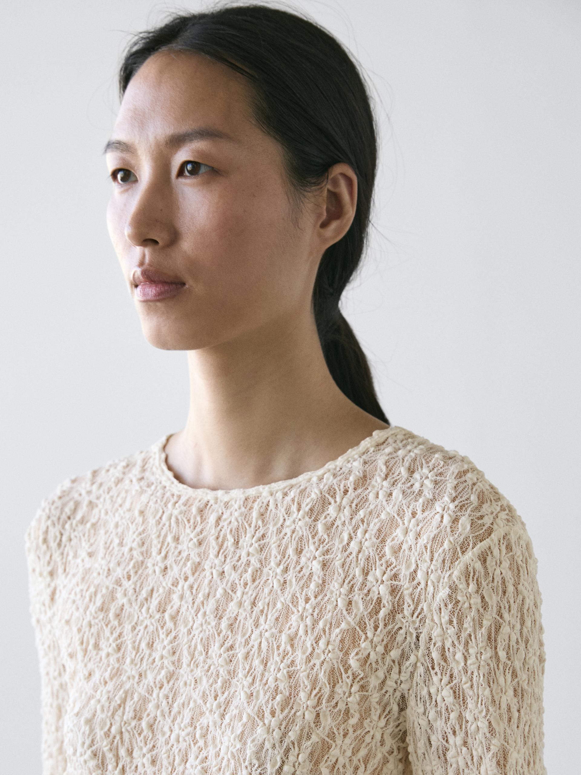 Ażurowy Top Z Dzianiny Z Długim Rękawem I Koronką - Surowy - M - Massimo Dutti - Kobieta