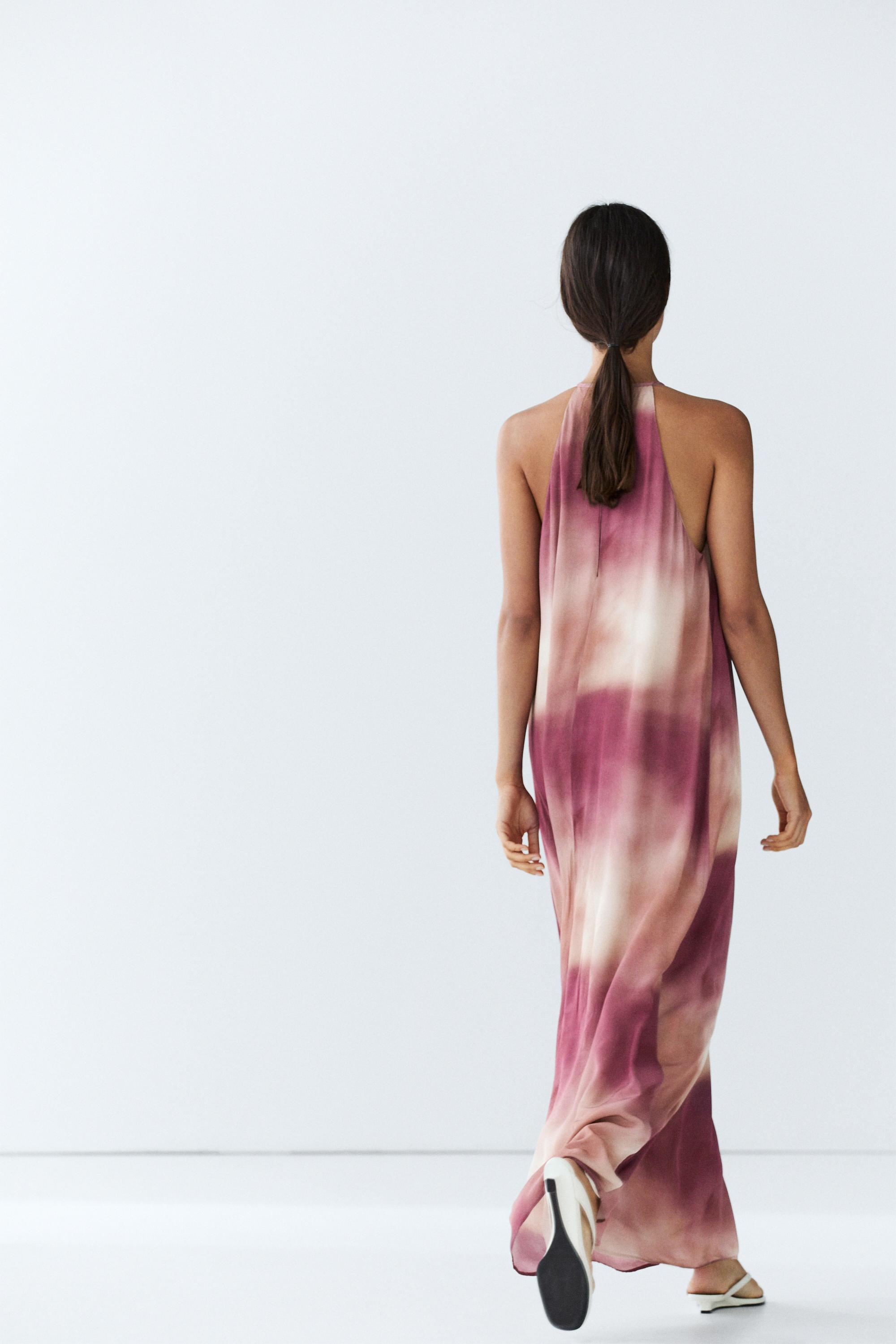 Printed tie-dye flowing halter maxi dress — PINK