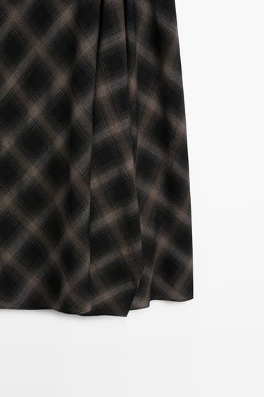Wool-cotton blend check midi skirt with split — BLACK 7