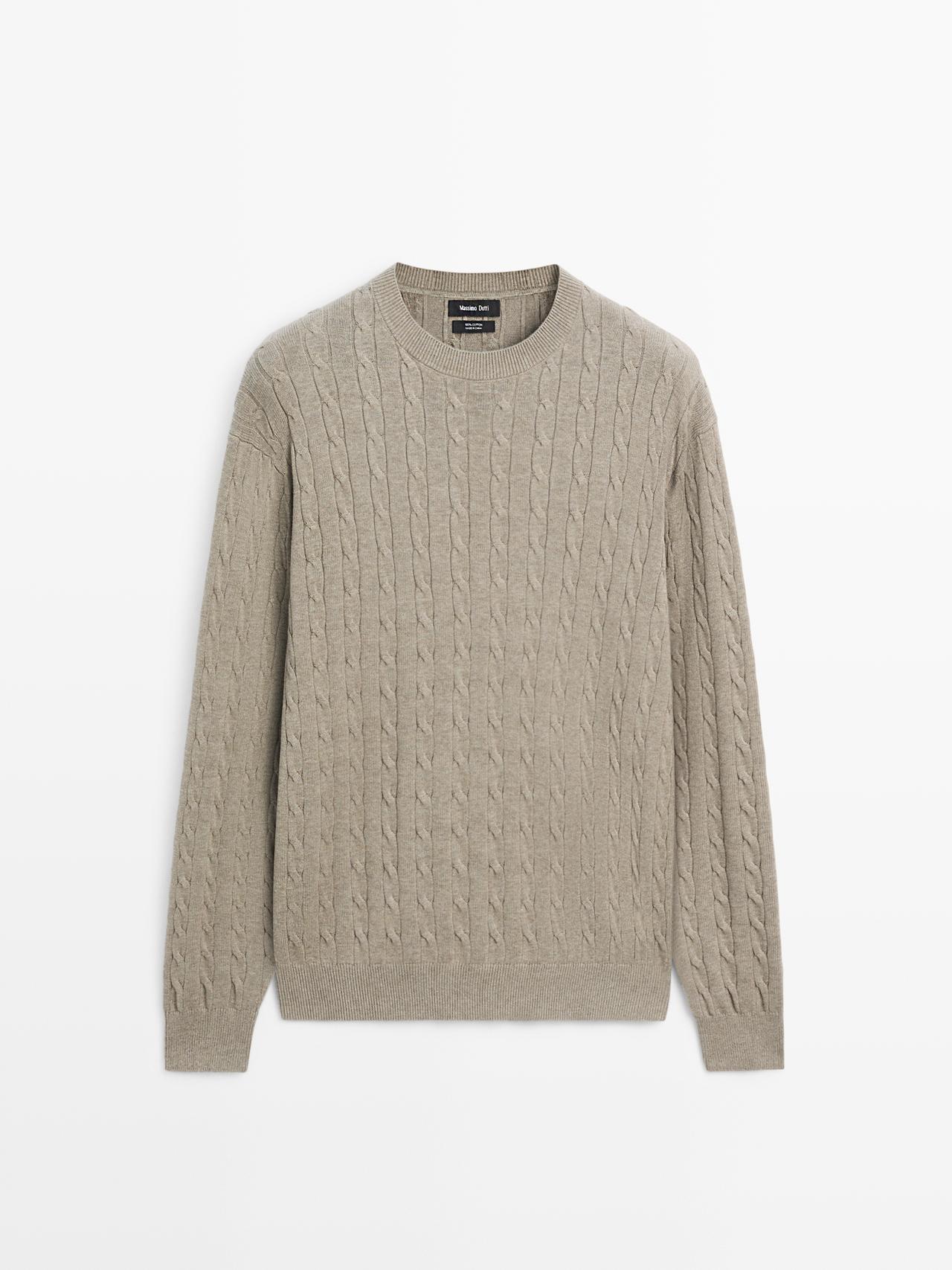 Massimo Dutti - Herre - Strikket Trøje I 100 % Bomuld Med Fletmønster - Beige - M
