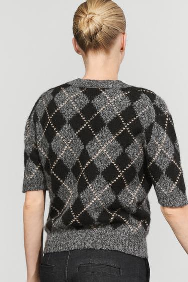 Cashmere-blend short sleeve argyle knit sweater — GREY 5