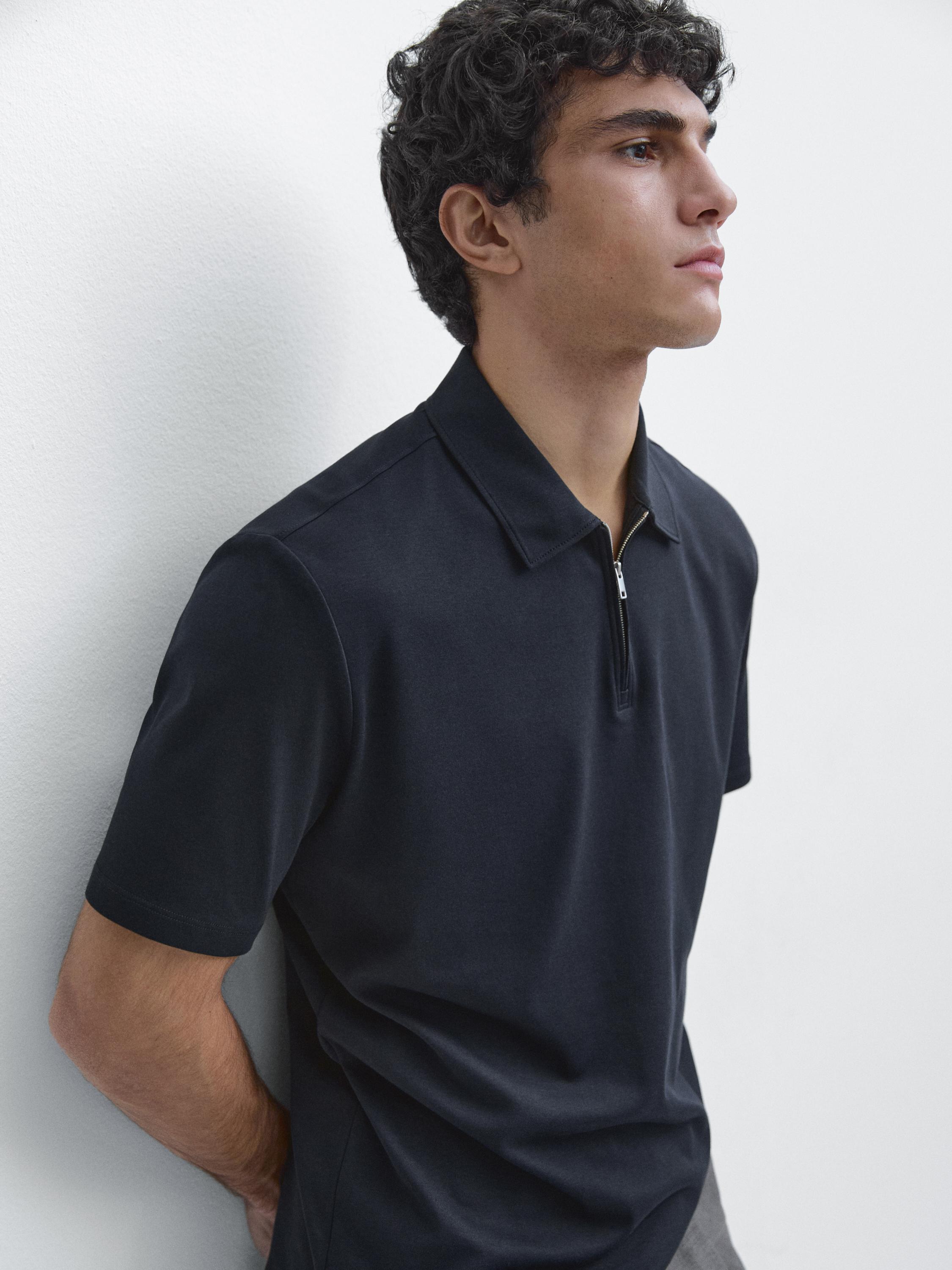 Short sleeve polo shirt with zip detail — NAVY BLUE
